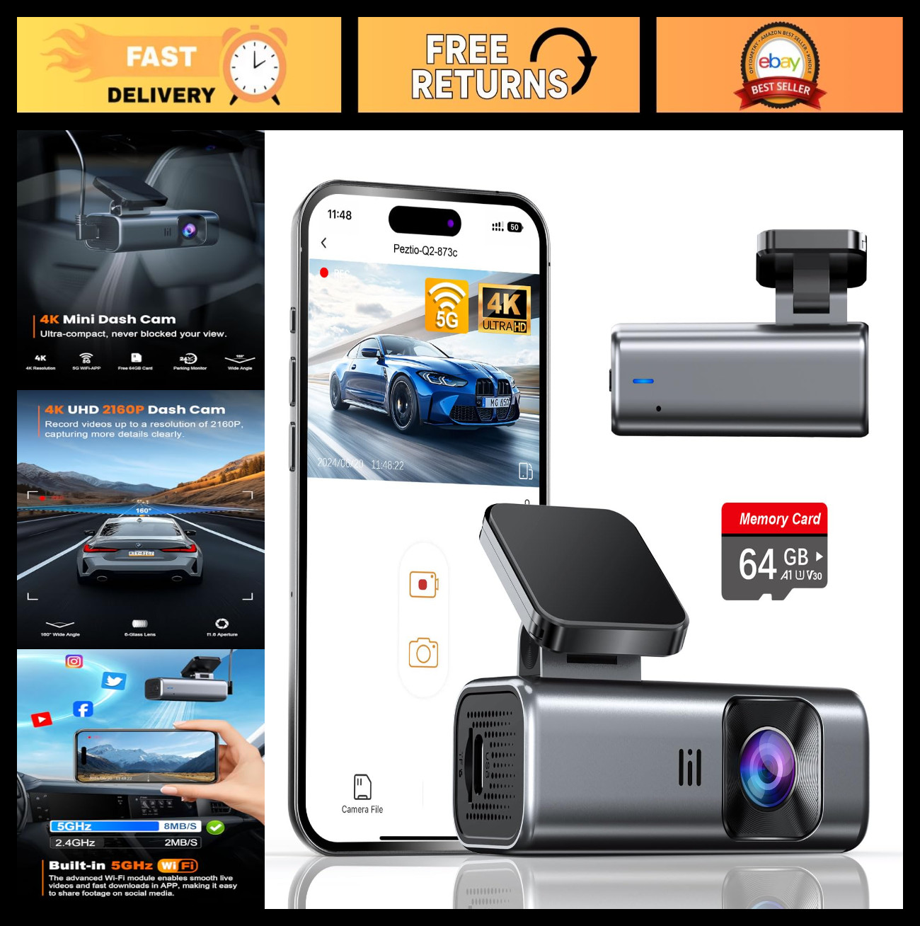 4K Dash Cam with 5G WiFi, 64GB Card, Night Vision, Loop Recording, G-Sensor, 24H