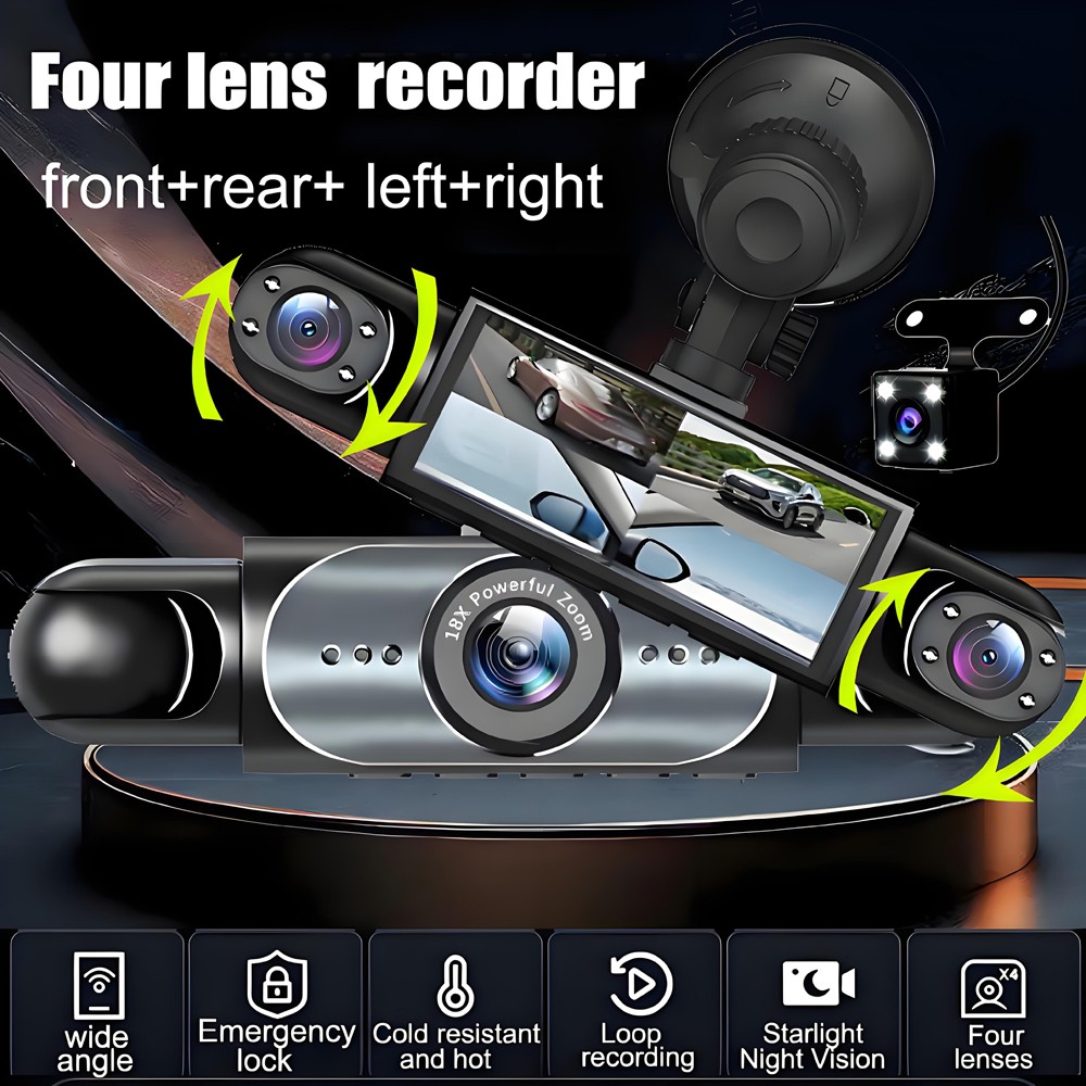 360° 4 Channel 1080P HD Car Dash Cam Front and Rear Inside Left Right &64GB Card