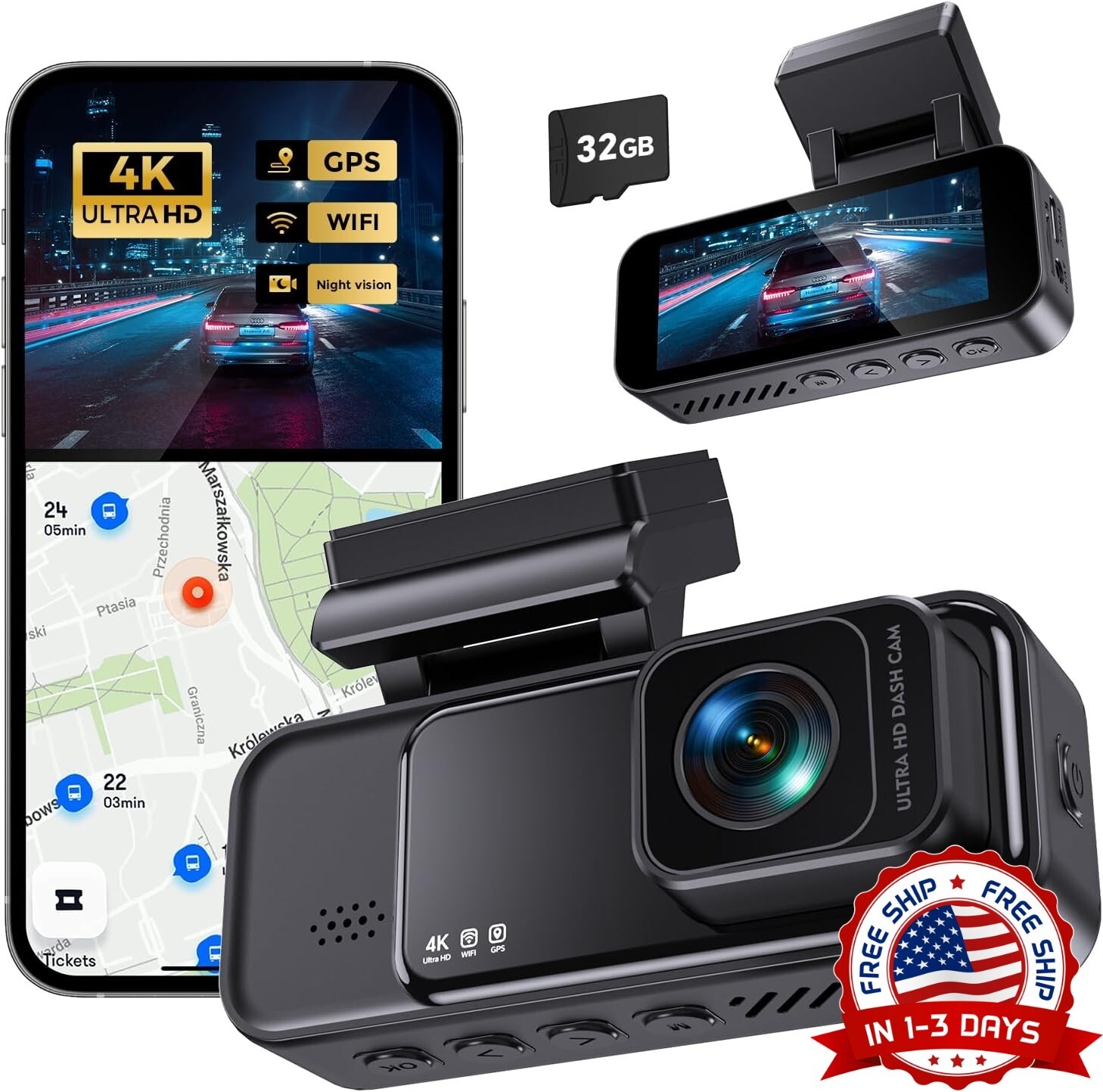 Cámara De Salpicadero Frontal 4K Con WiFi Y GPS Integrado, Pantalla IPS De 3,2″