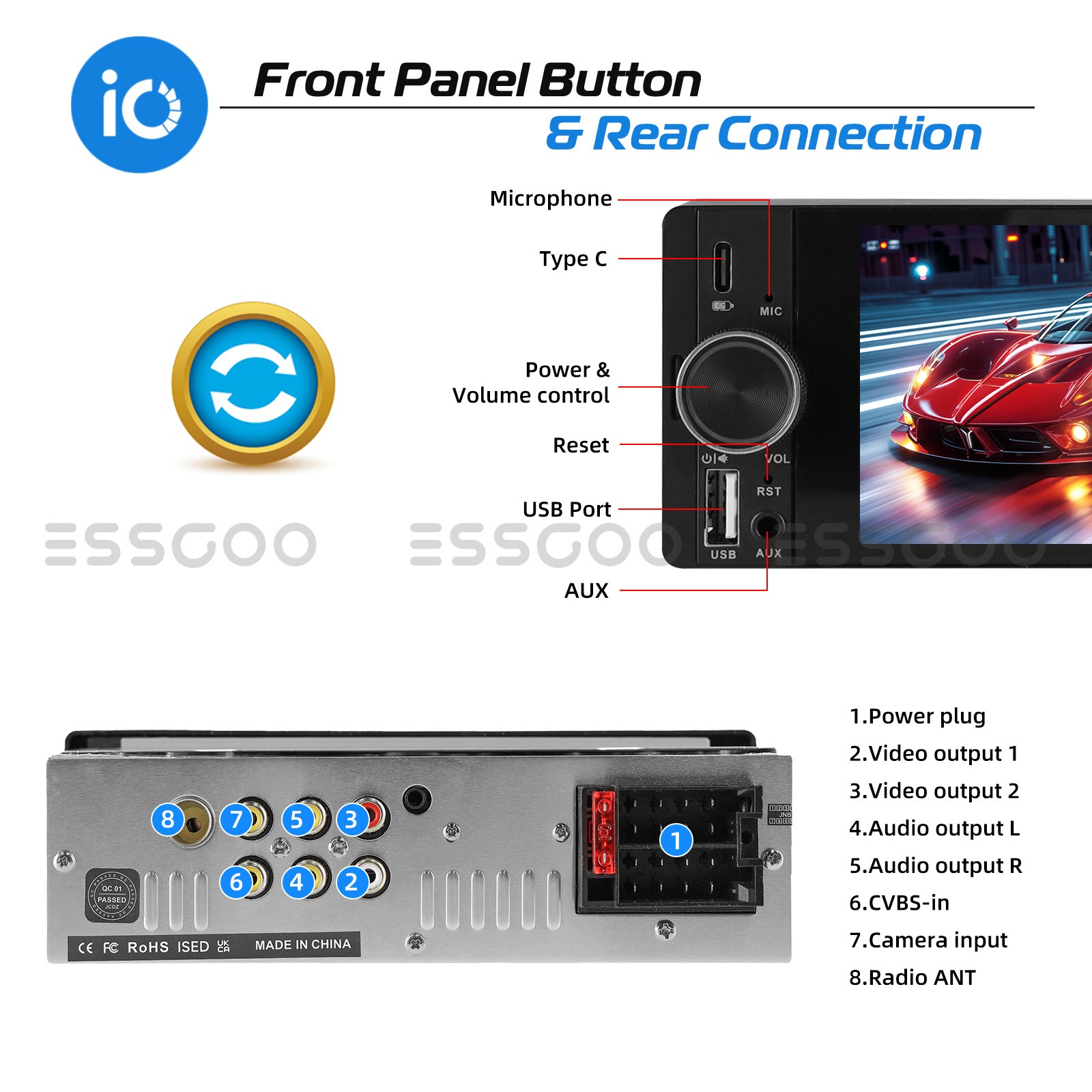 6.36″ Single Din Car Stereo Wireless CarPlay Android Auto Radio MP5 FM Bluetooth