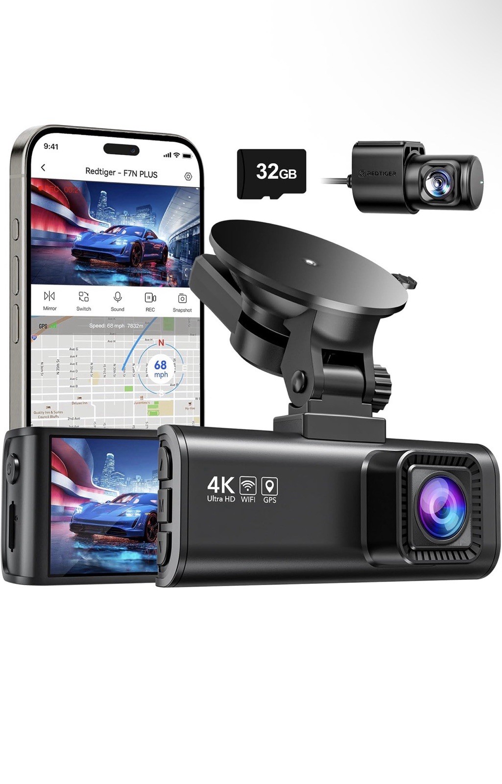 REDTIGER 4K Dash Cam Front and Rear Dual Dash Camera WIFI&GPS With 32GB SD Card
