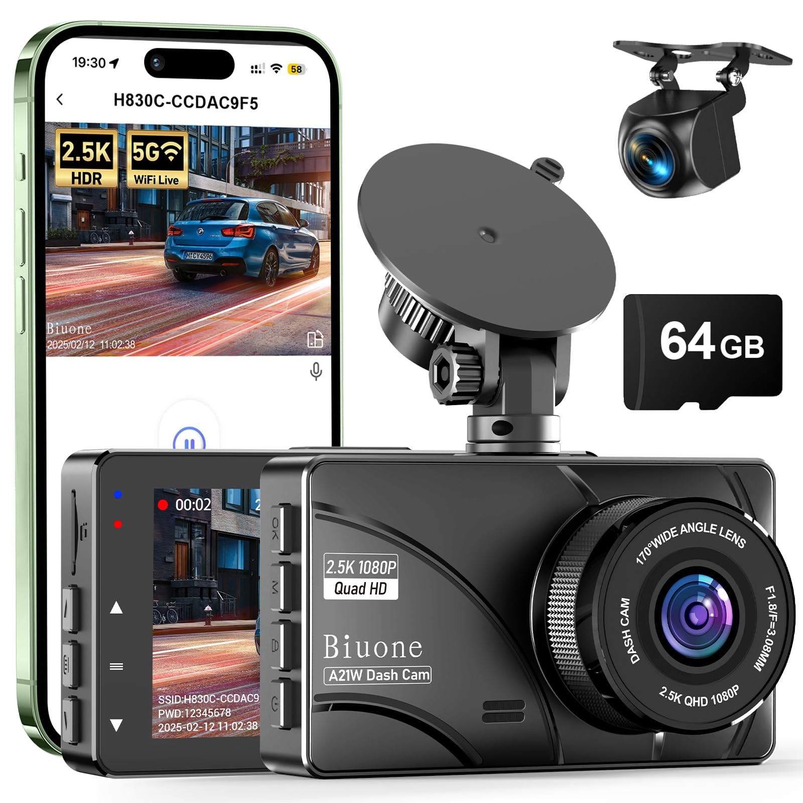 Dash Cam Front and Rear, 2.5K Dual Dash Camera for Cars W/ 64GB Card,3″ IPS S…