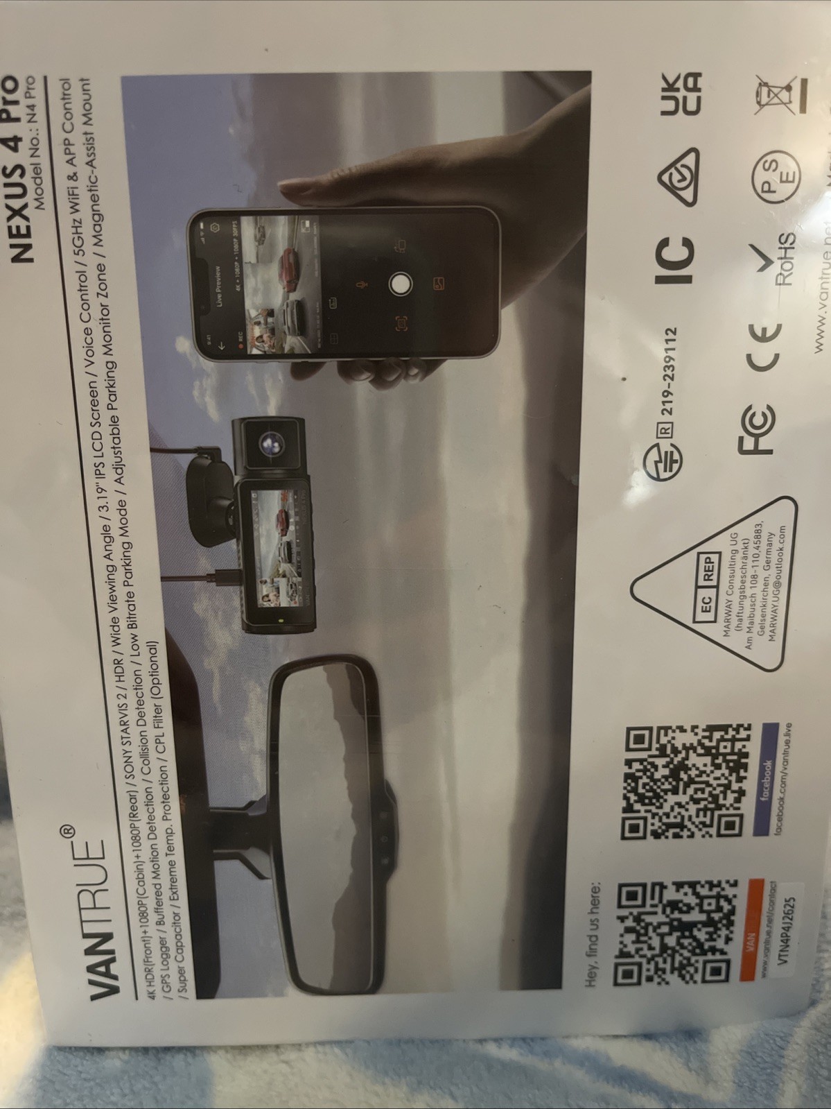 Vantrue N4 Pro 3-Channel 4K Dash Cam Front+Interior+Rear WiFi GPS IR Night NEW
