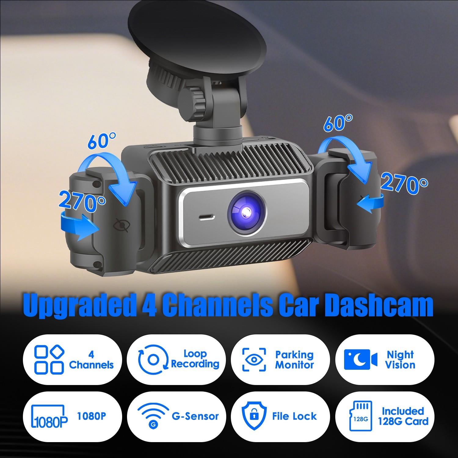 1080P HD Car Dash Cam Front Camera Right & Left Interior Rear Camera G-Sensor