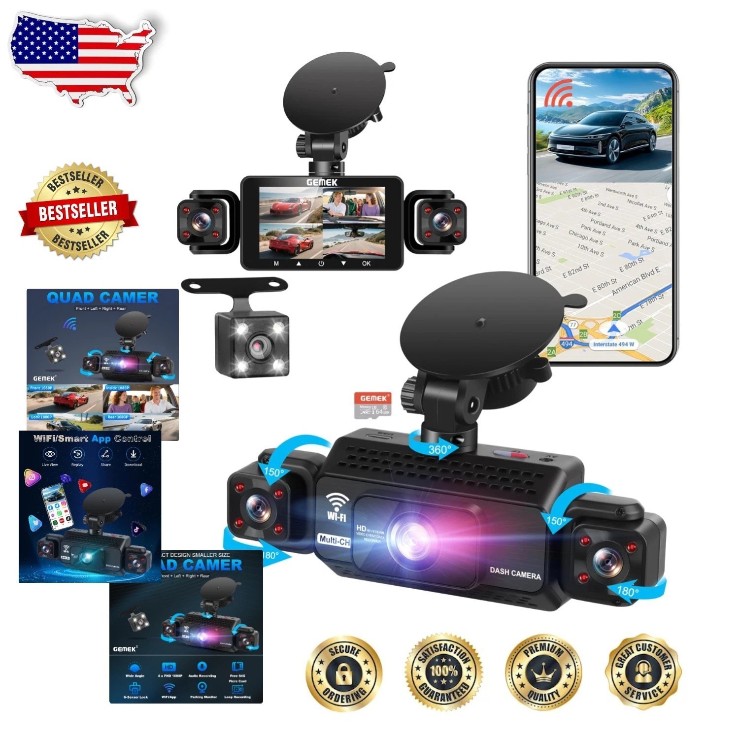 Ultimate 4 Channel Dash Cam – 360° Coverage, 2K Video, Night Vision, 64GB Card