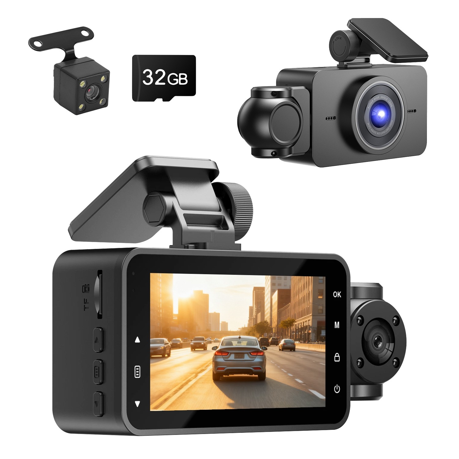 1080P HD Car Dash Cam Front Inside Rear 3 Channels Camera Night Vision Camera