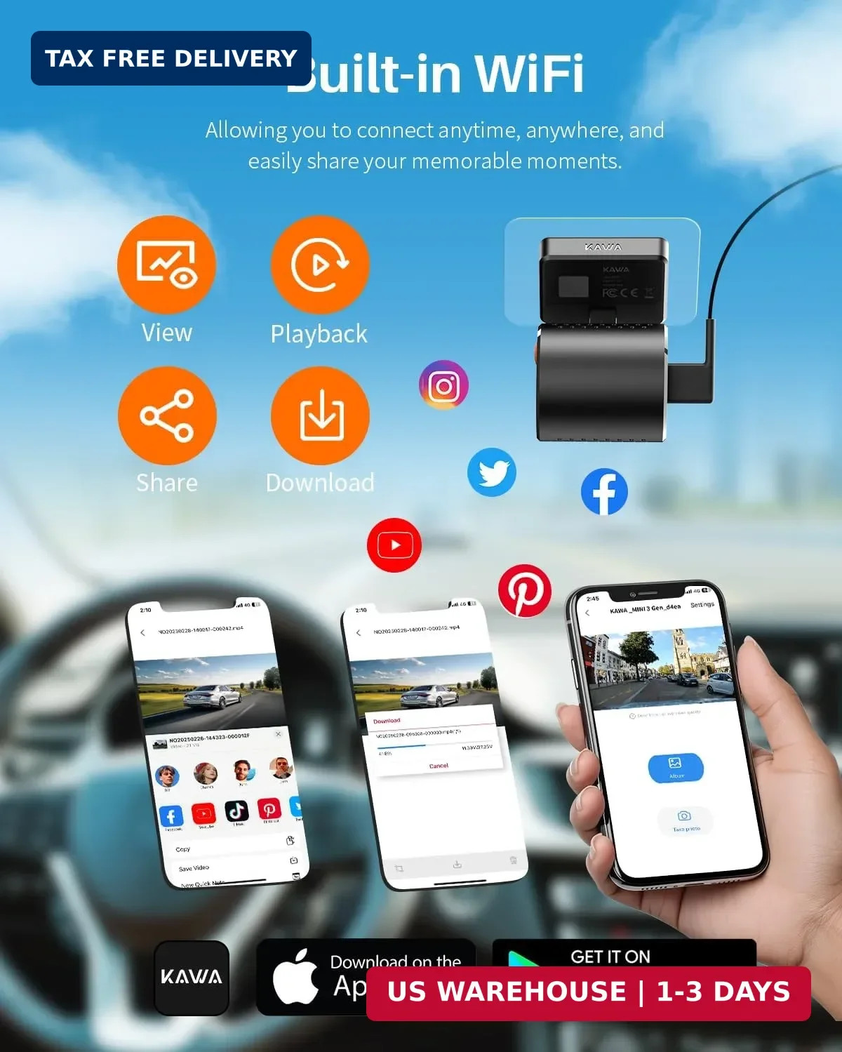 KAWA 2K Tiny Dash Cam, 1296P QHD Mini Car Camera DashCam – Voice Control, G -Sen