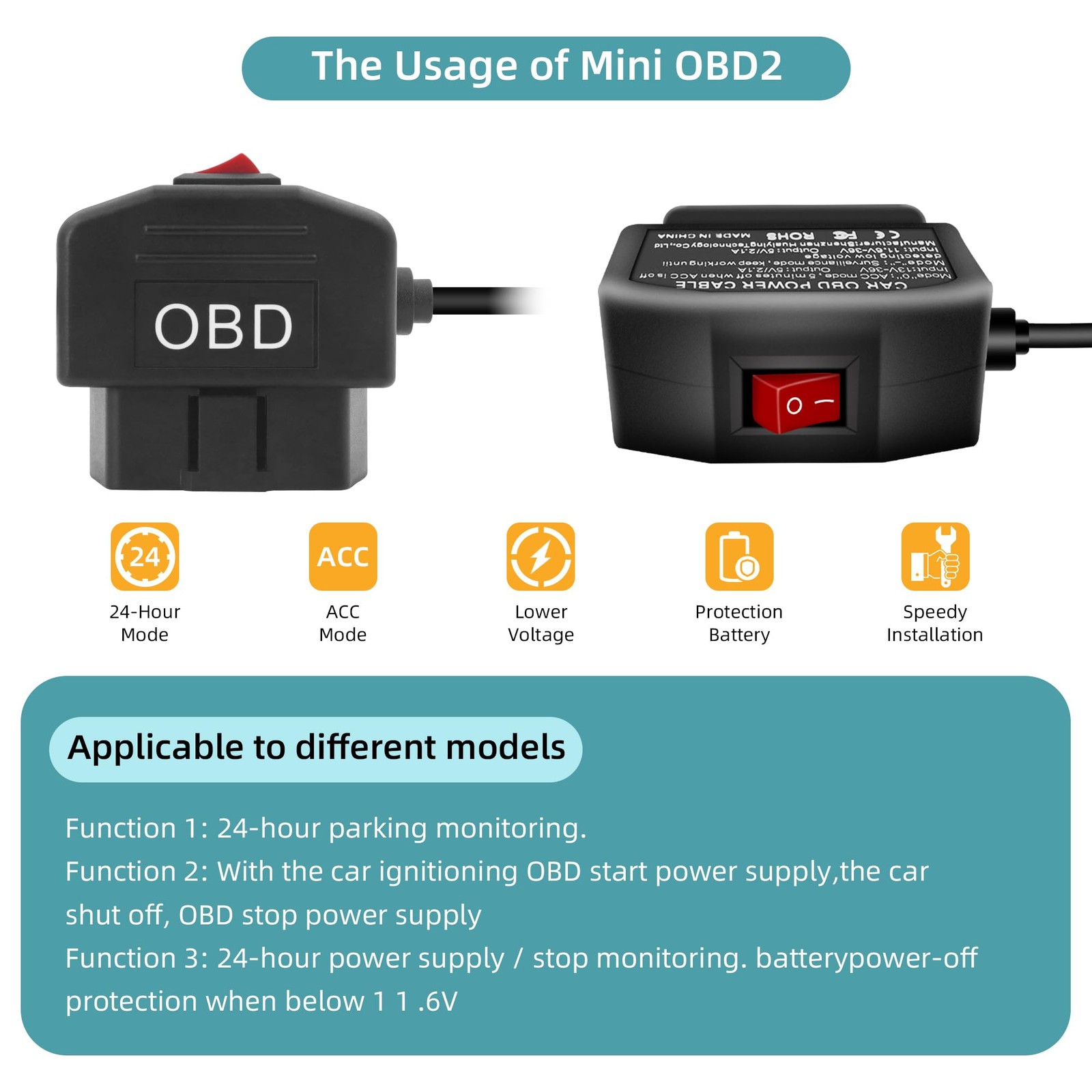 GELRHONR OBD Power Cable for Dash Camera, OBD2 Diagnostic Extension Adapter to