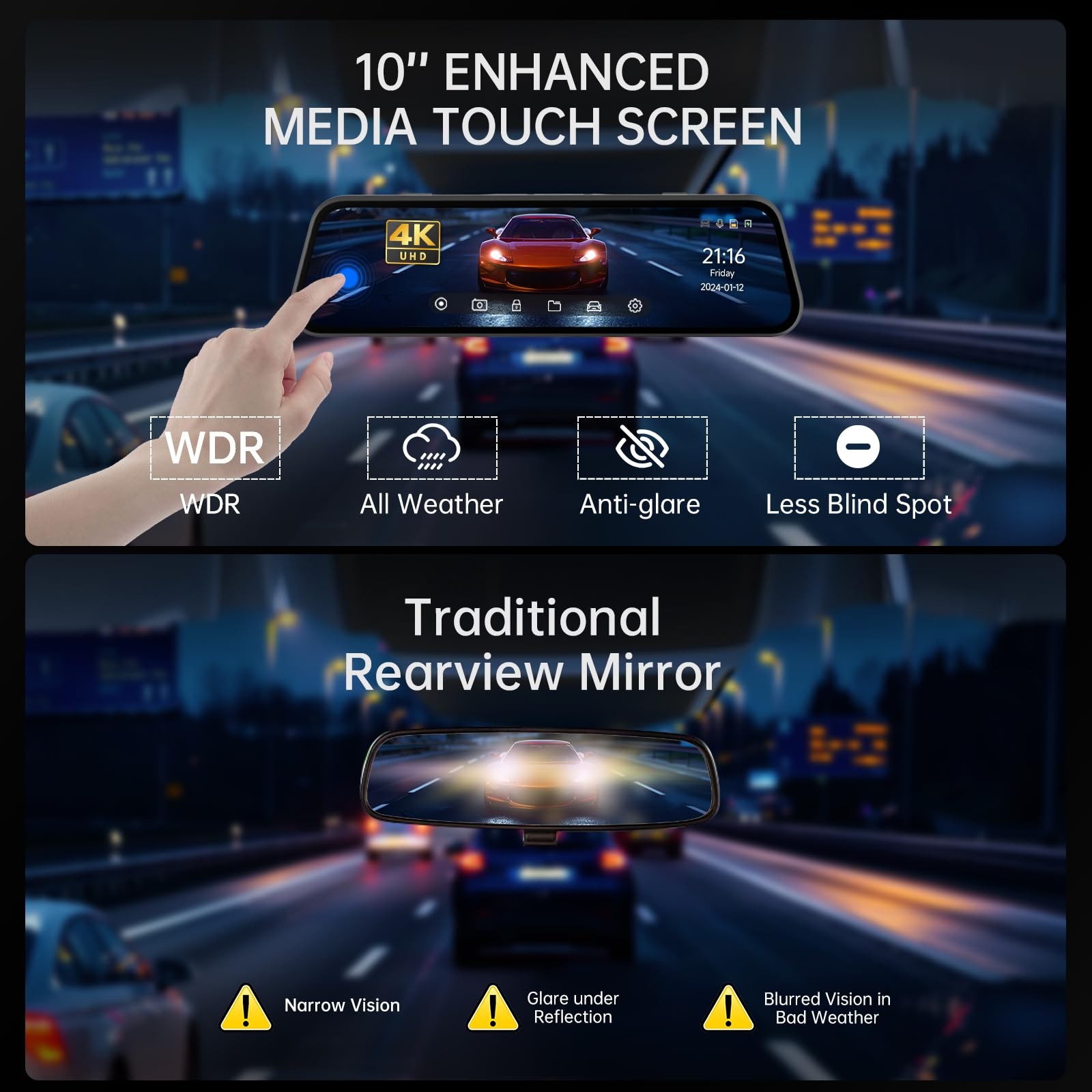 Veement 4K Rear View Mirror Camera, 10” 4K Mirror Dash Cam with 1080P Backup…