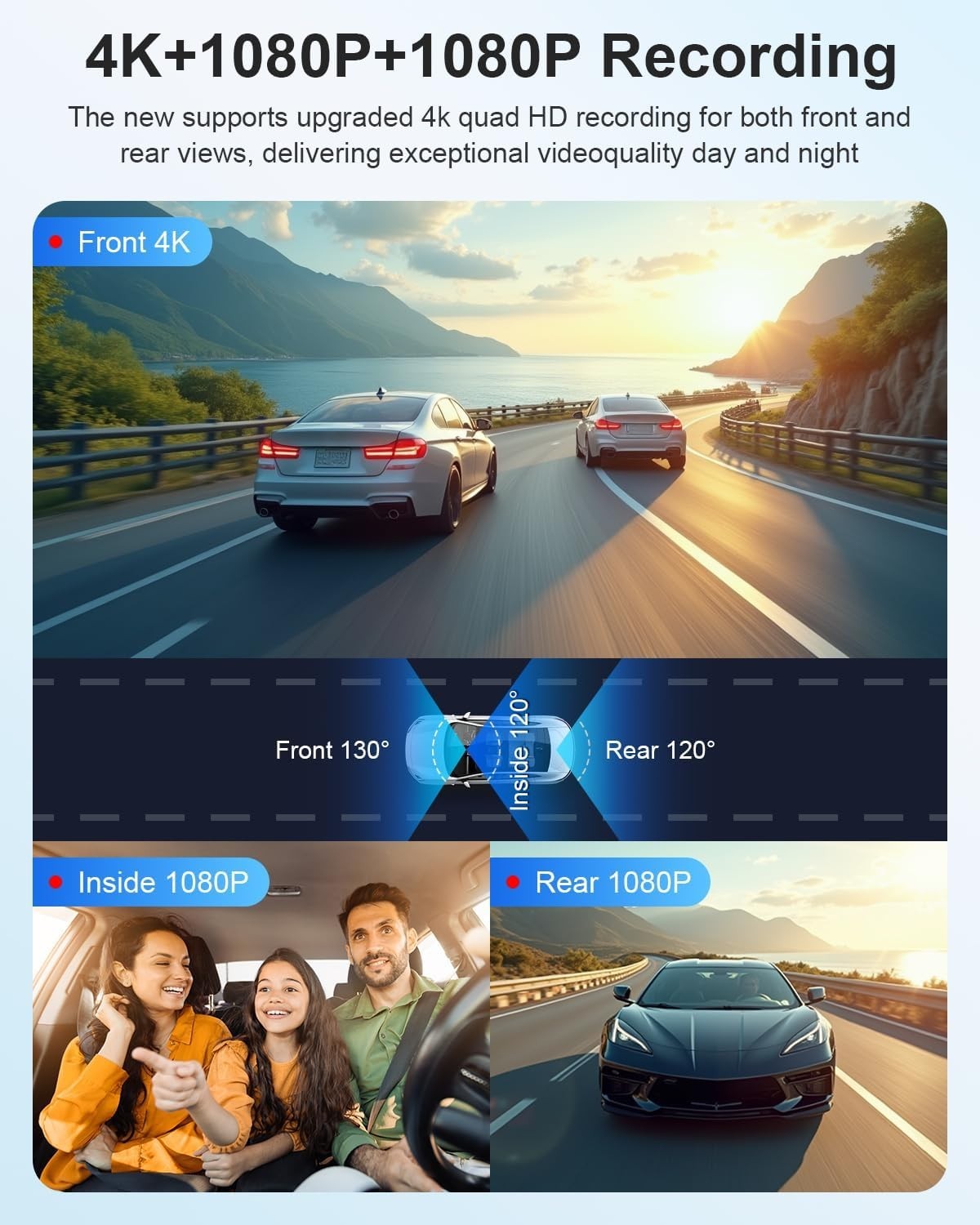 feifeaouy 3 Channel 4K Dash Cam Front and Rear and Inside – WiFi 3.2” IPS Das…