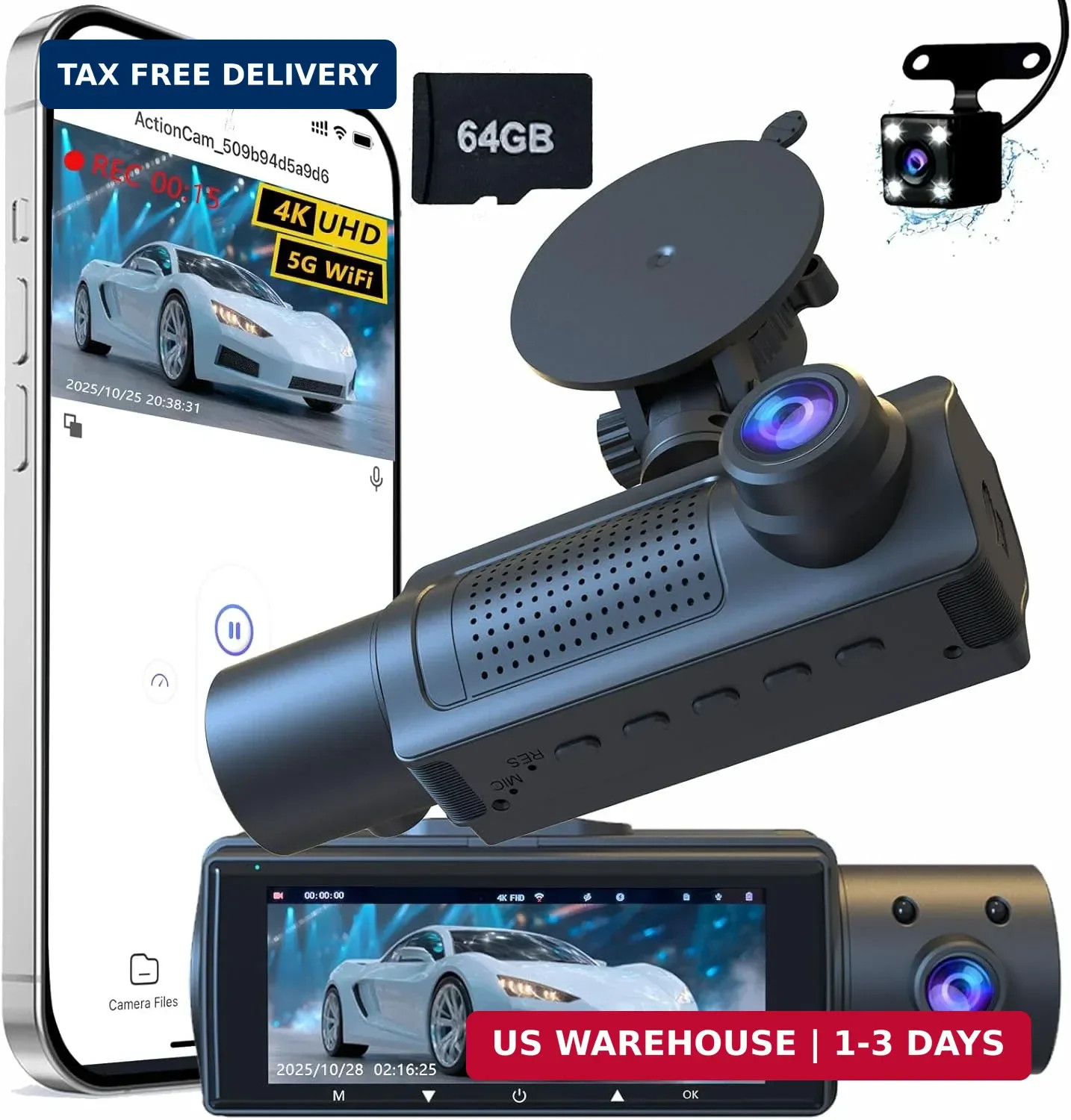 4K 3 Channel Dash Cam Front and Rear Inside, 360 Degree Dash Camera for Cars wit