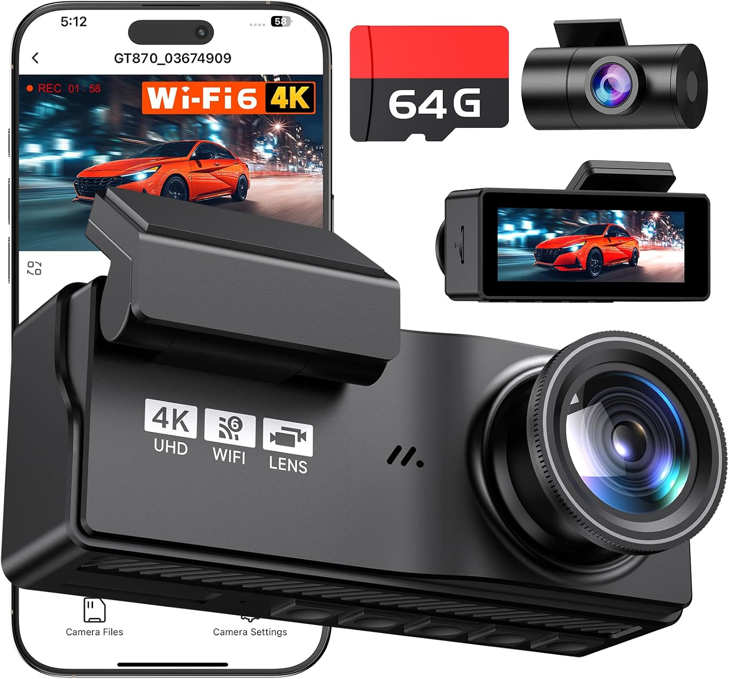 Dash Cam Front and Rear for Cars, 4K+4K Dual Camera with 64GB Card | 3″ IPS Scre
