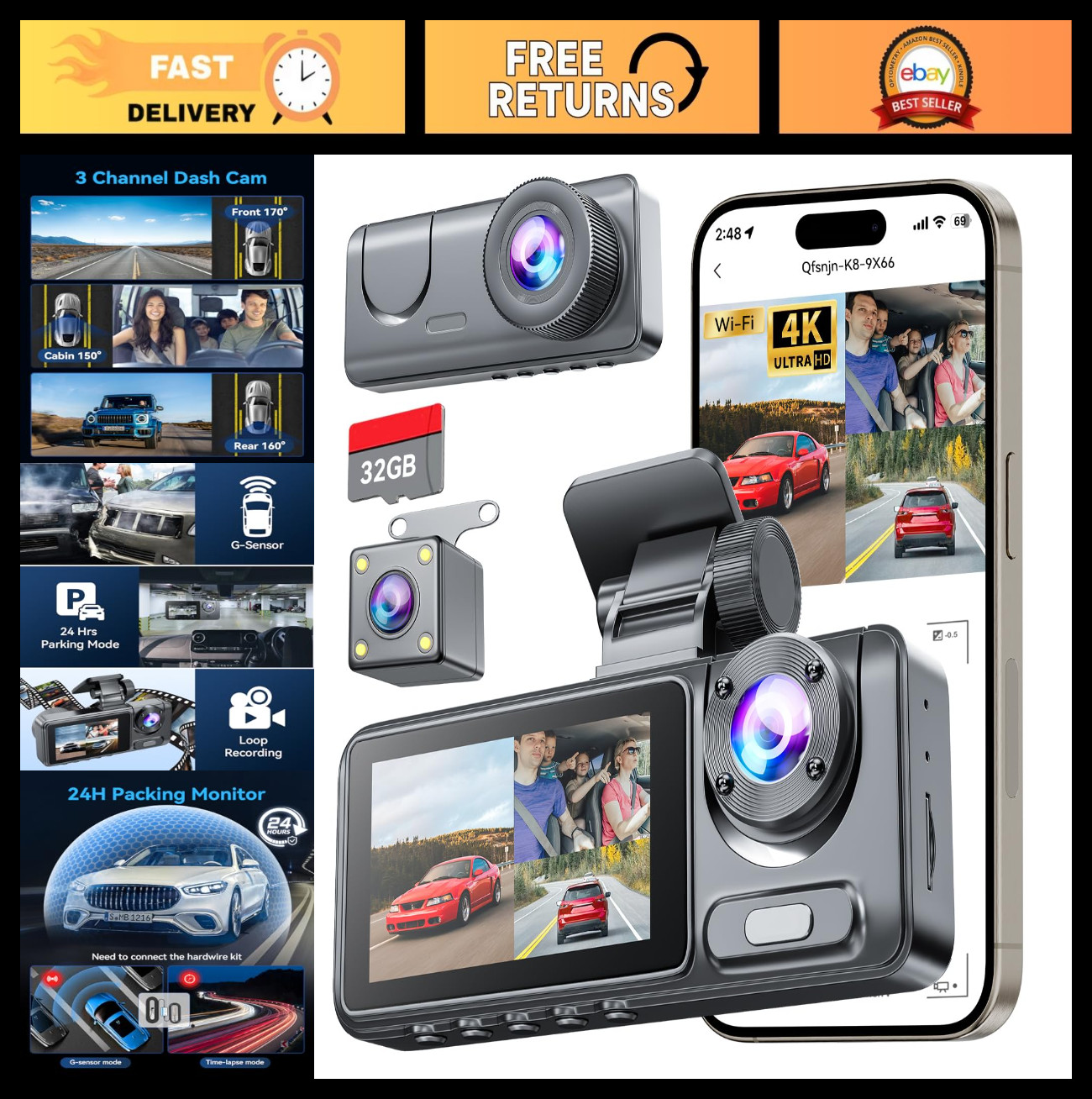 3-Channel 4K Dash Cam for Cars, WiFi, 32GB Card, Night Vision, G-Sensor, Loop Re