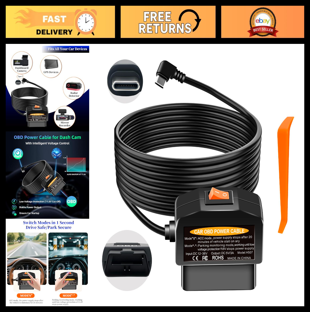 OBD2 to USB C Power Adapter for Dash Cam, Hardwire Kit, Parking Mode, Low Voltag