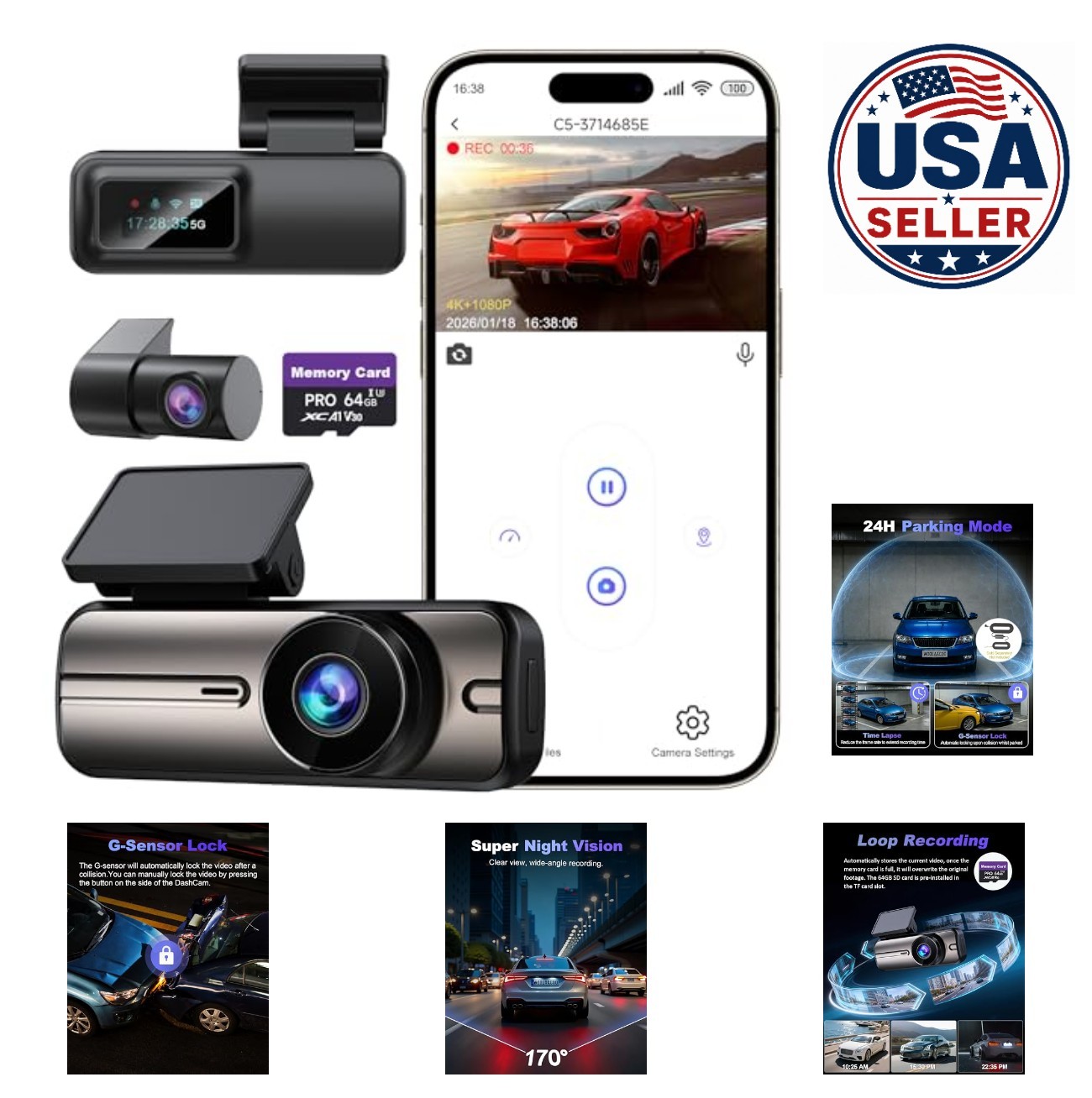 Dash Cam Front and Rear 4K 1080P 5GHz WiFi App Control 64GB SD Card Night