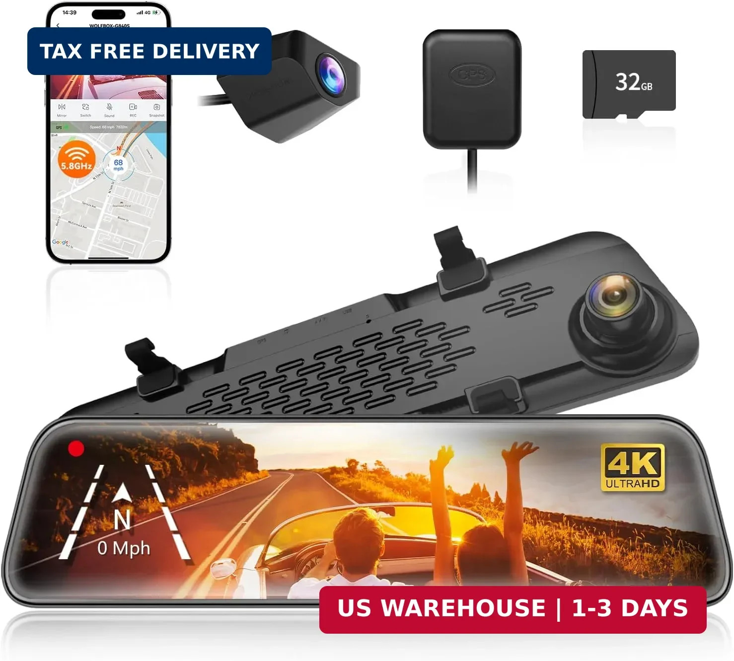 WOLFBOX G840S 12″ 4K Mirror Dash Cam Backup Camera, 5.8GHz WiFi Smart Rearview M