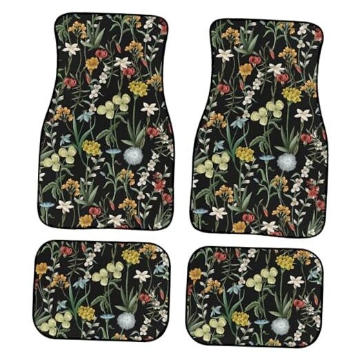 Wildflower Car Floor Mats Set of 4 Vintage Wild Herbs and Yellow Red White