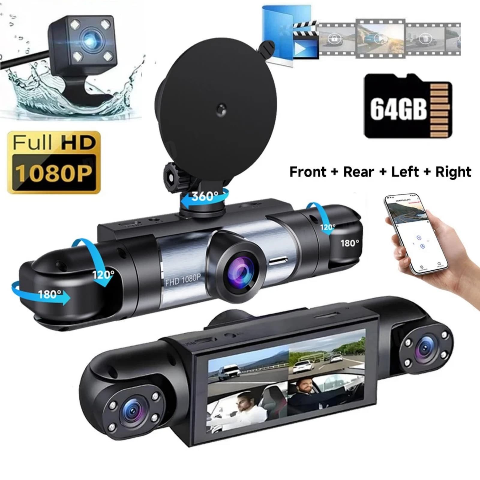 1080P 4 Way Dash Cam Front Rear Cabin Side View Camera 64GB Card 170 Degree Lens