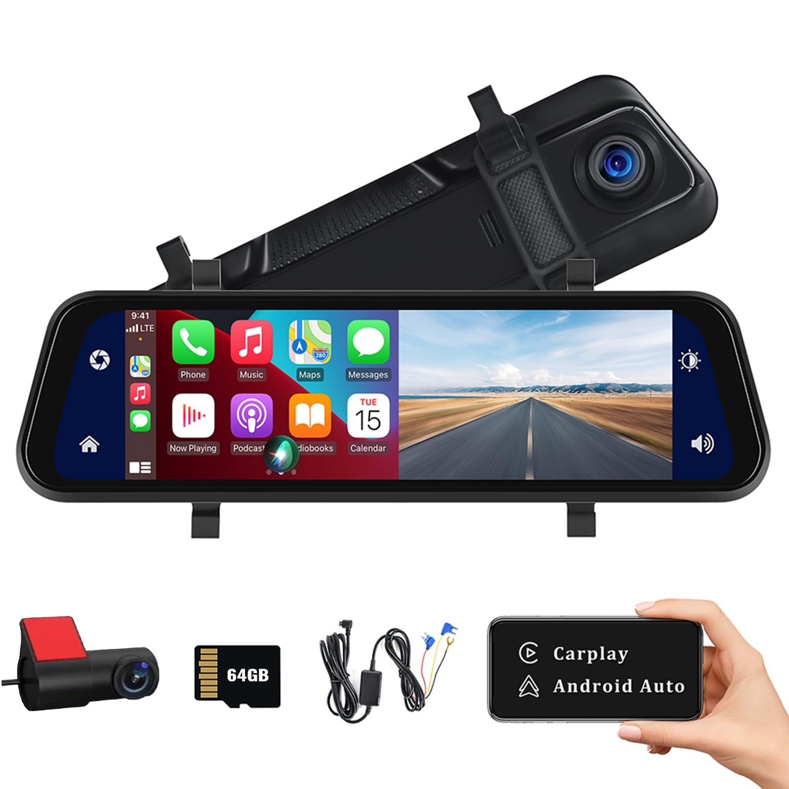 4K Front Rear View Mirror Dash Cam 10 Inch IPS Touch Screen Carplay 64GB Car DVR
