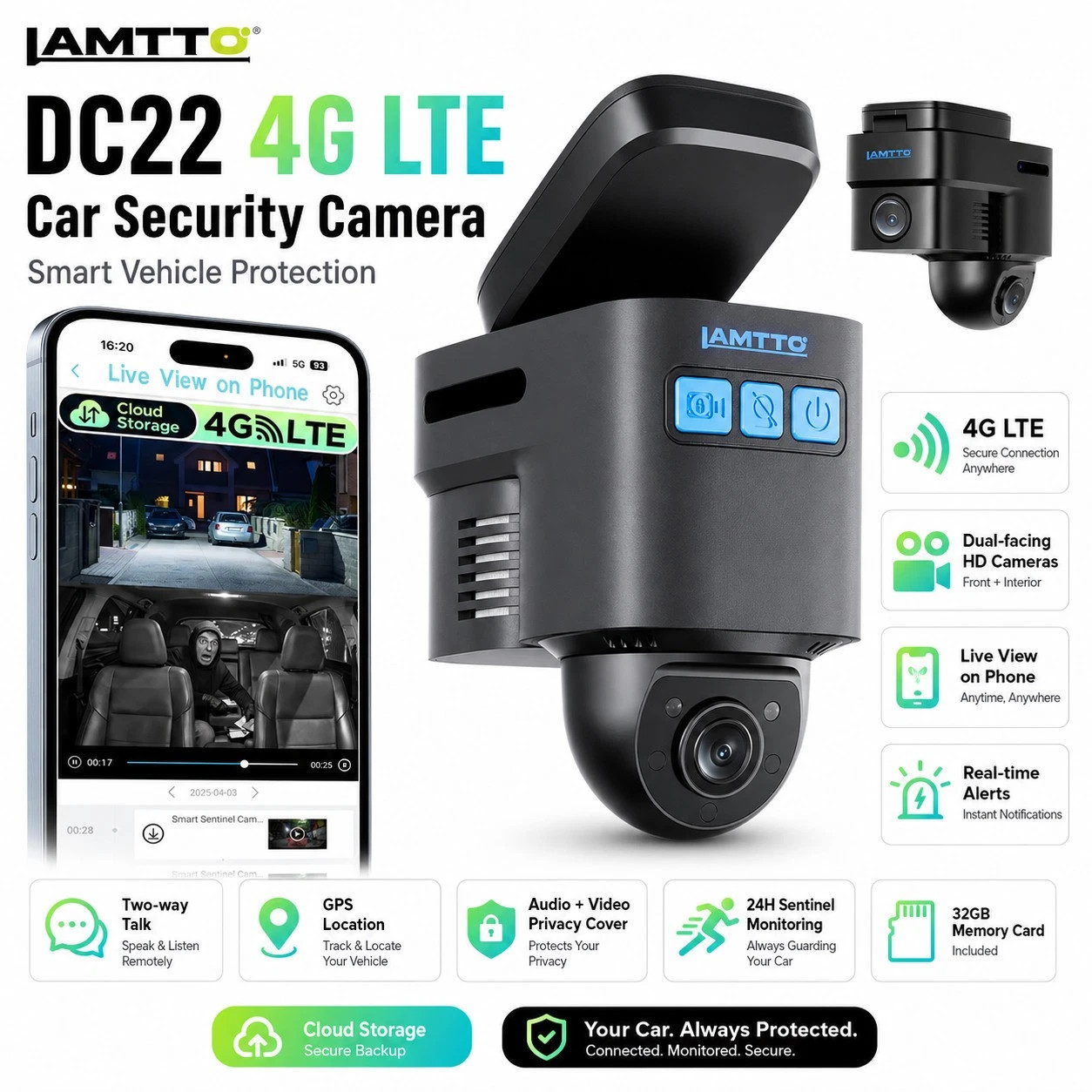 LAMTTO 4G LTE Dash Cam Front Inside Car Camera Remote Live-View,GPS 24/7 Parking