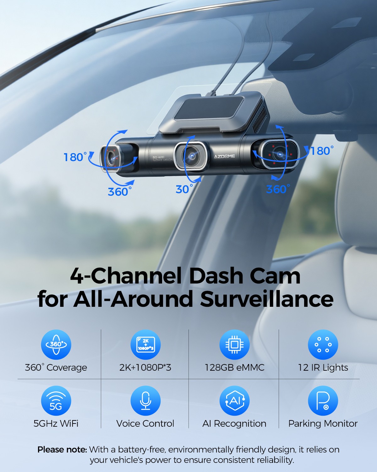 AZDOME 3″ 4CH 4K Dash Cam 2K/1K 5GWiFi GPS 24H Park Mode 128GB eMMC+Hardwire Kit