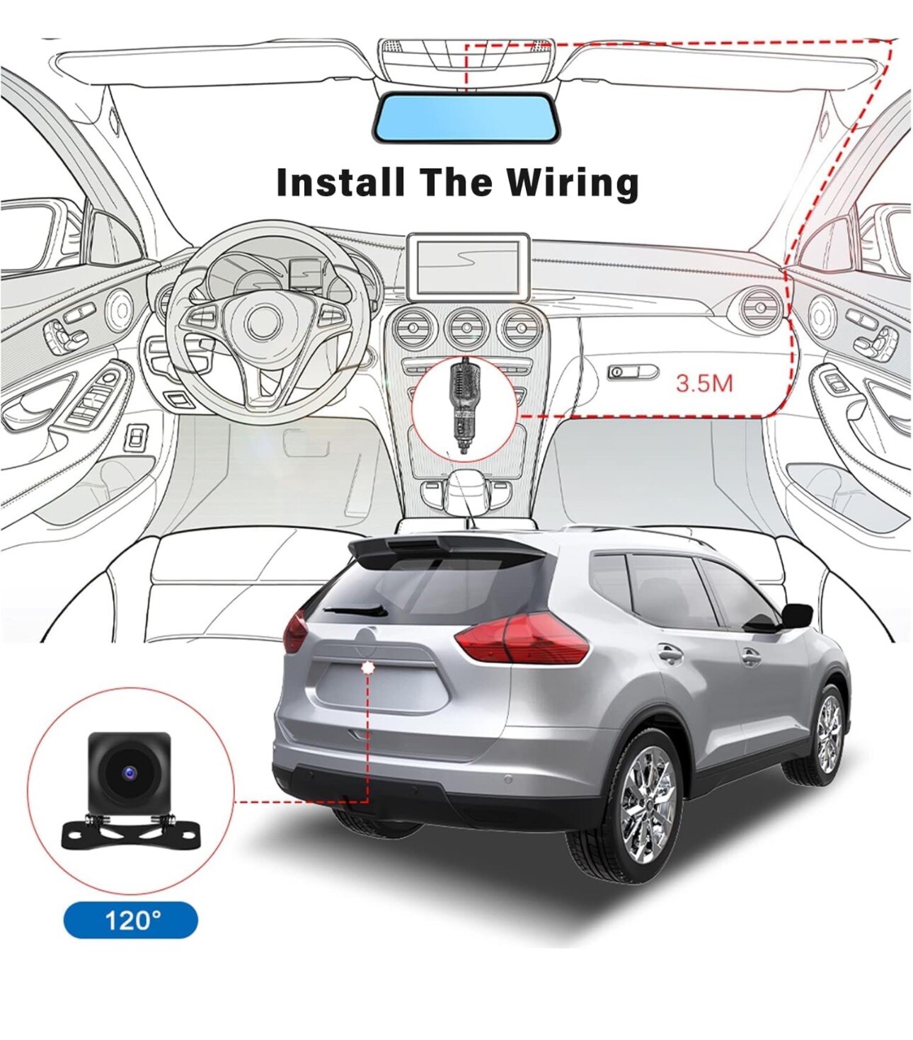 CAMECHO Touch Screen Rearview Mirror Dash Cam 9.66in 1080P Dual Front and Rear