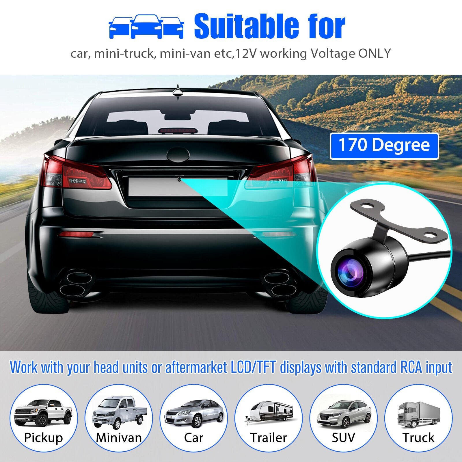 170º CMOS Car Rear/Front/Side View Reverse Backup Parking Cam Camera Waterproof