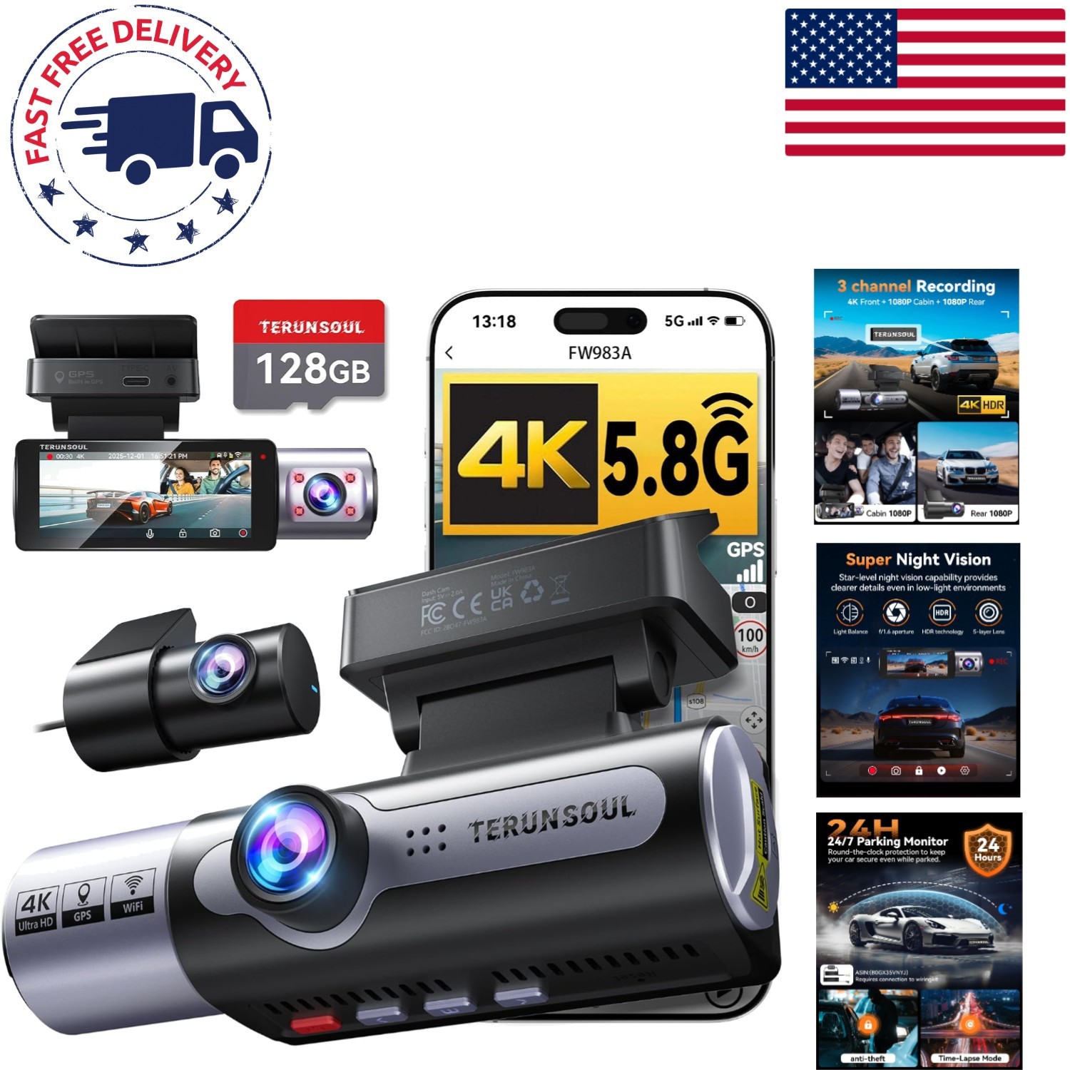 Dash Cam with Starlight Night Vision & 5.8GHz WiFi – Ideal for Rideshare Drivers
