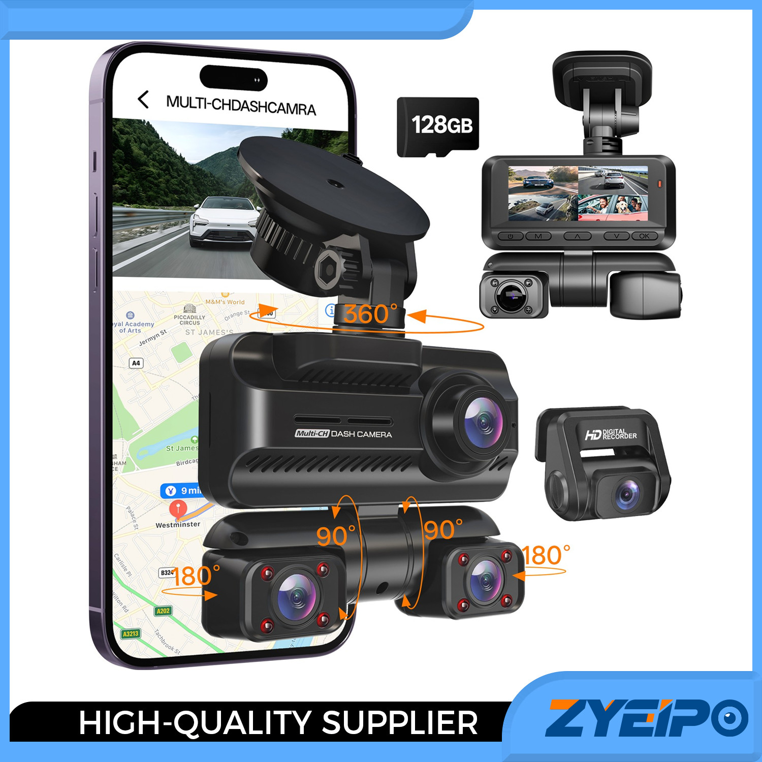 4 Channel Dash Cam 4K,Front Rear Inside 360°Car Camera,GPS WiFi,WDR Night Vision