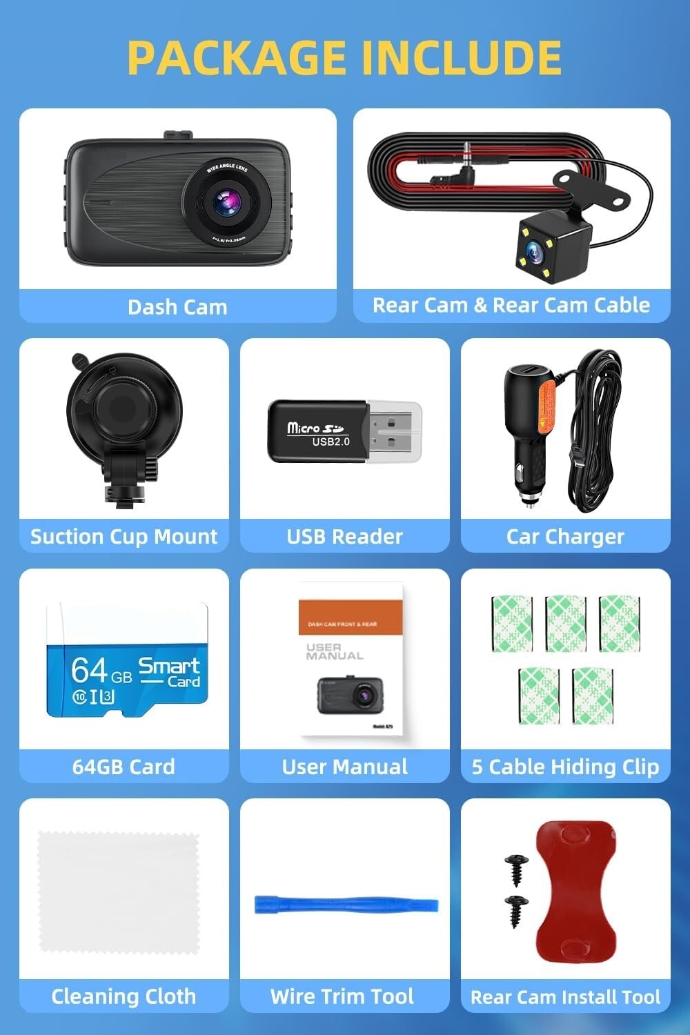 Cámara de salpicadero delantera y trasera con tarjeta SD de 64 GB gratuita NUEVO