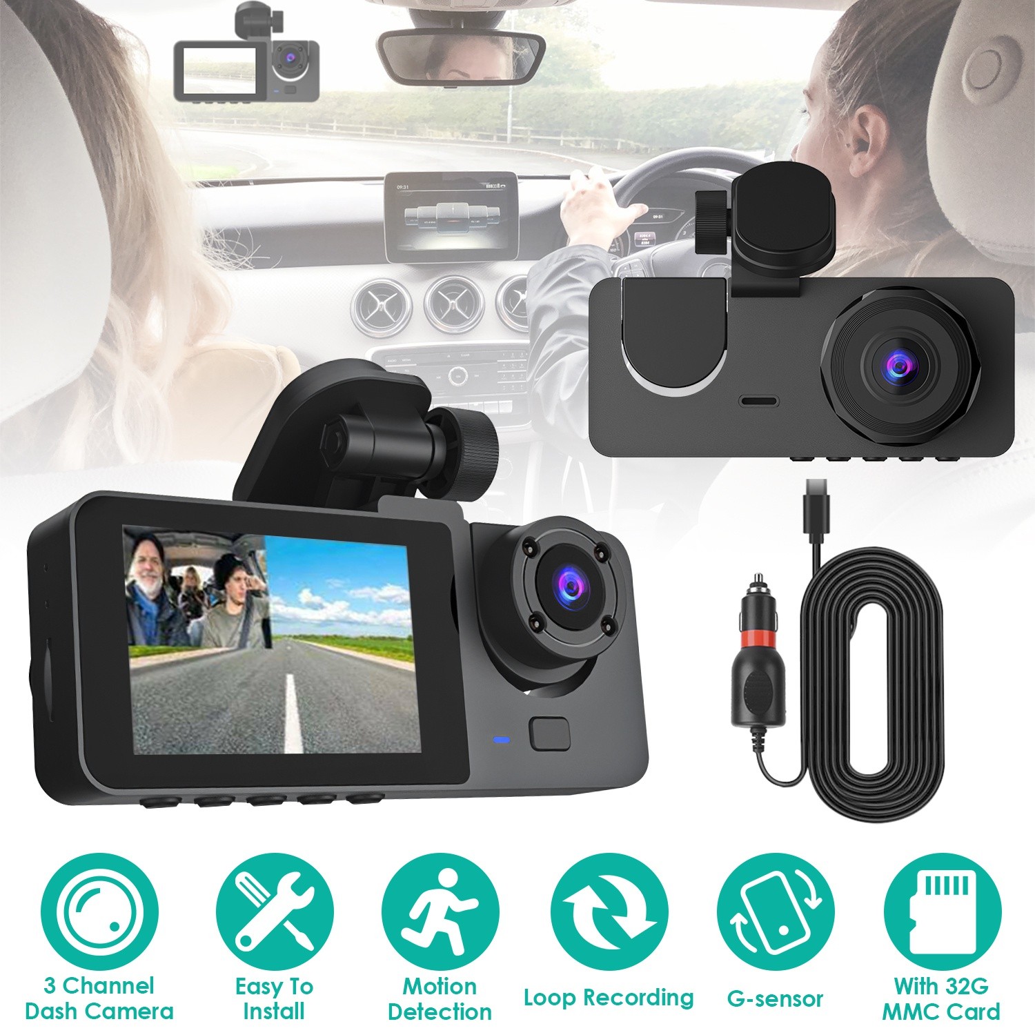 3 Channel Car Dash Cam Front Interior Rear Video Recorder with 32GB Memory Card