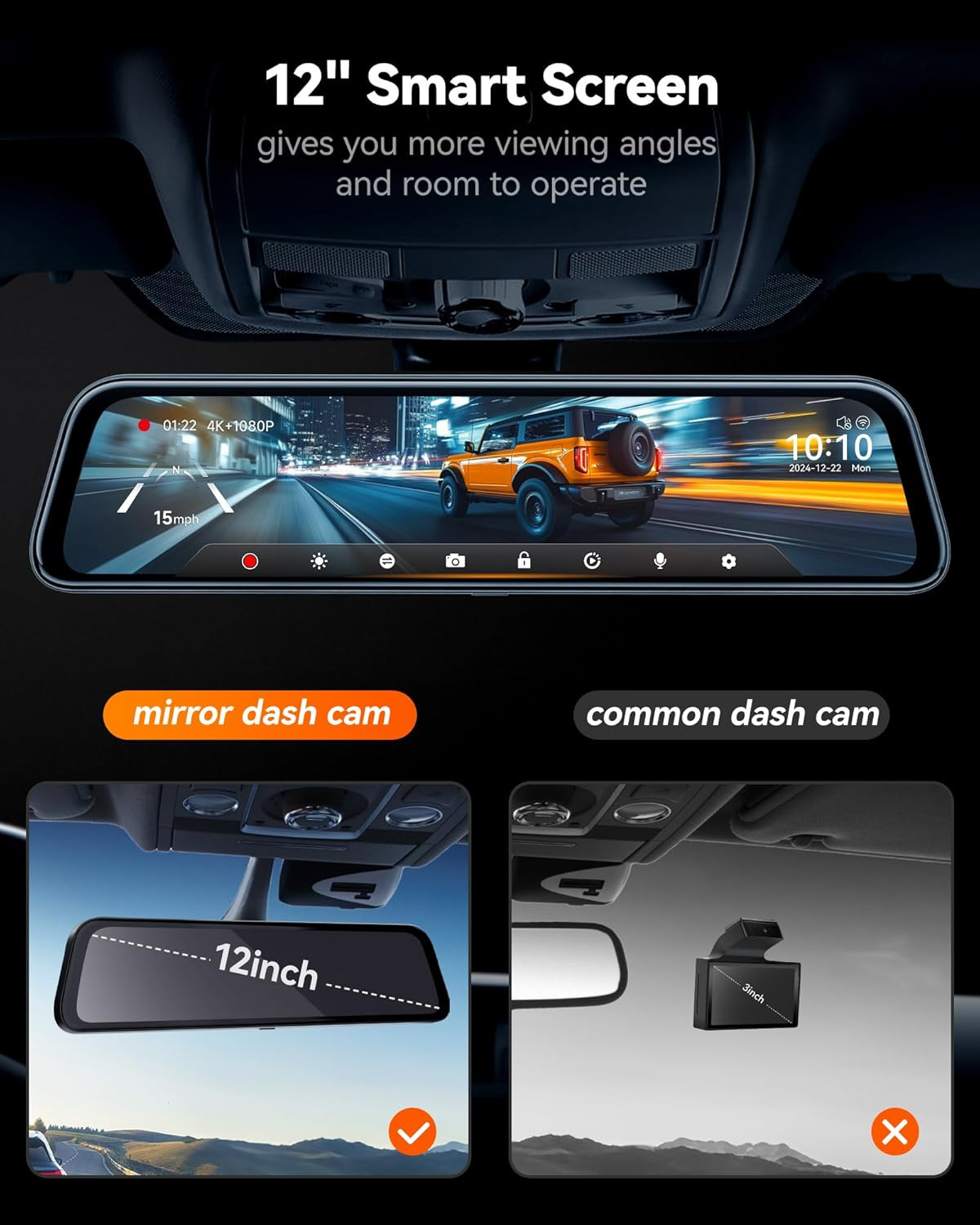 G840S 12″ 4K Mirror Dash Cam Backup Camera with 32GB Card and GPS | 5.8Ghz Wifi