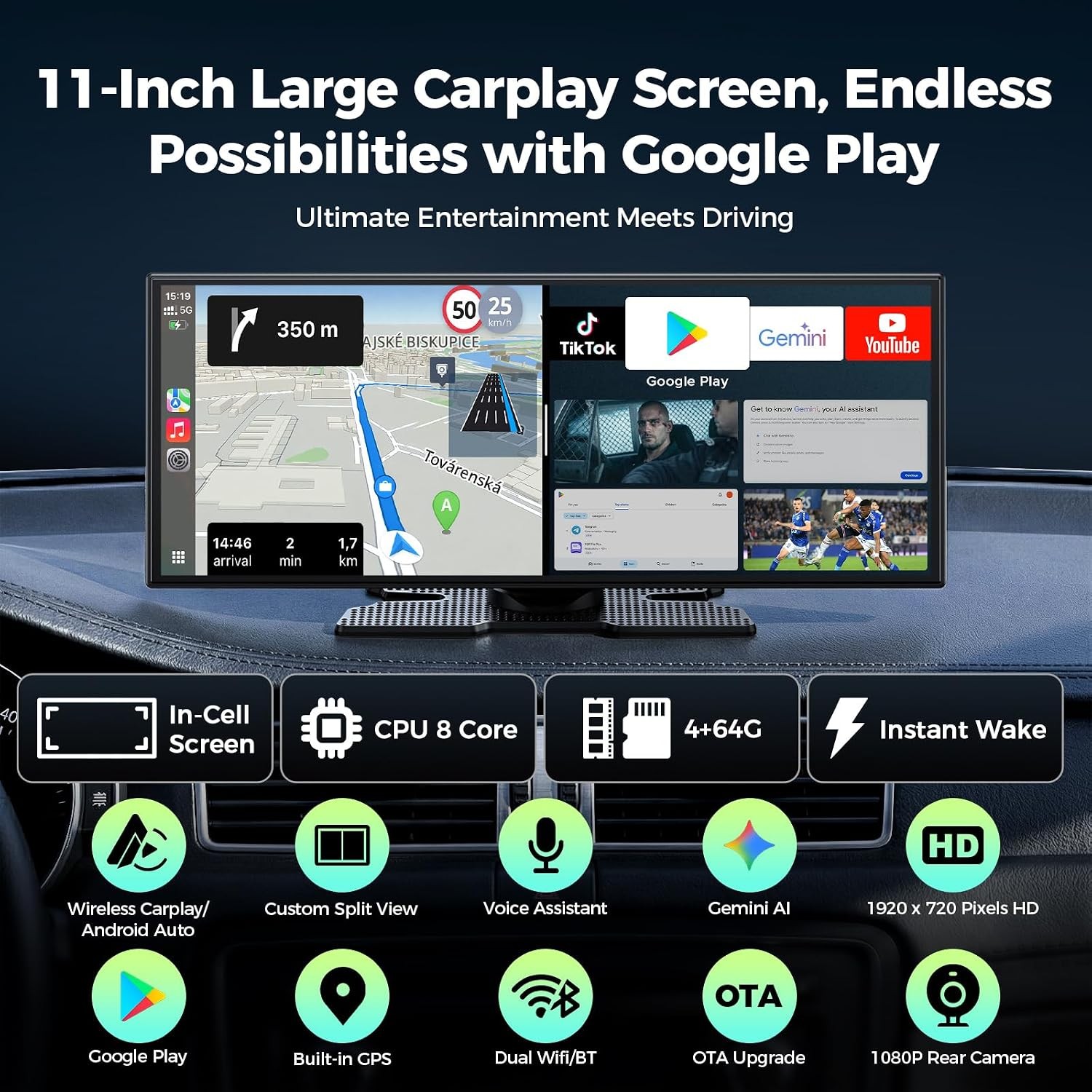 Lamtto 11″ Wireless CarPlay Android Auto Screen AI GPS Navi 1080P Backup Camera