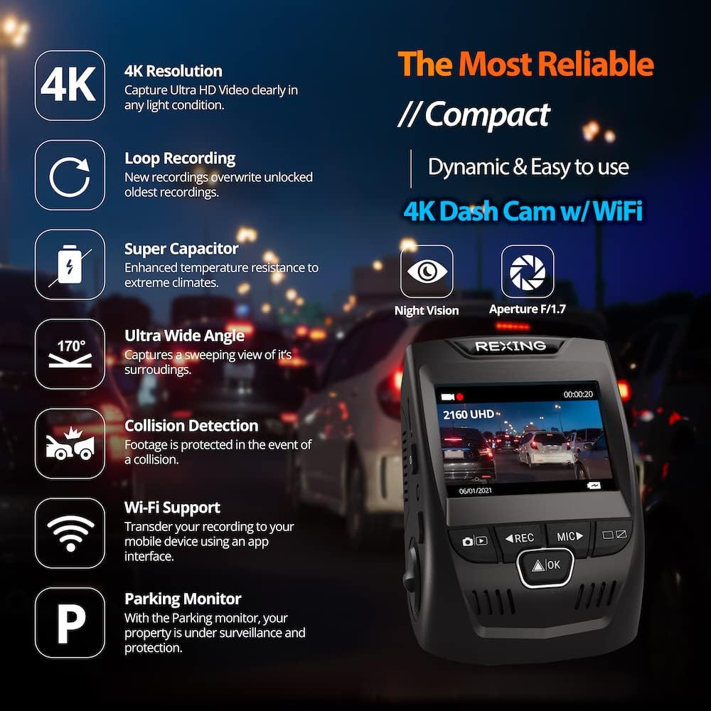 V1 – 4K Ultra HD Car Dash Cam 2.4″ LCD Screen, Wi-Fi, 170° Wide Angle Dashboard
