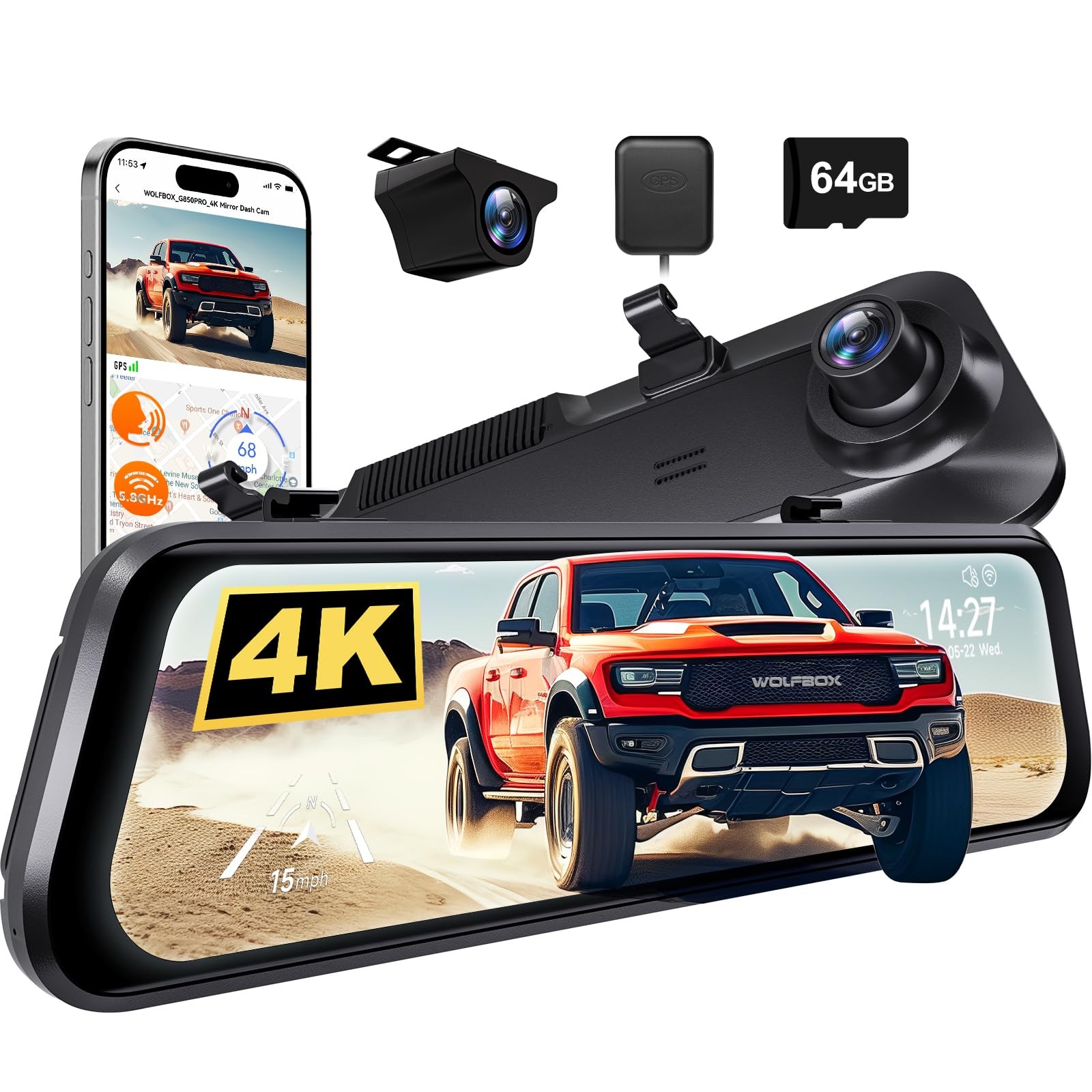 WOLFBOX G850 PRO 4K Mirror Dash Cam with ADAS and BSD, Smart Rear View Mirror…
