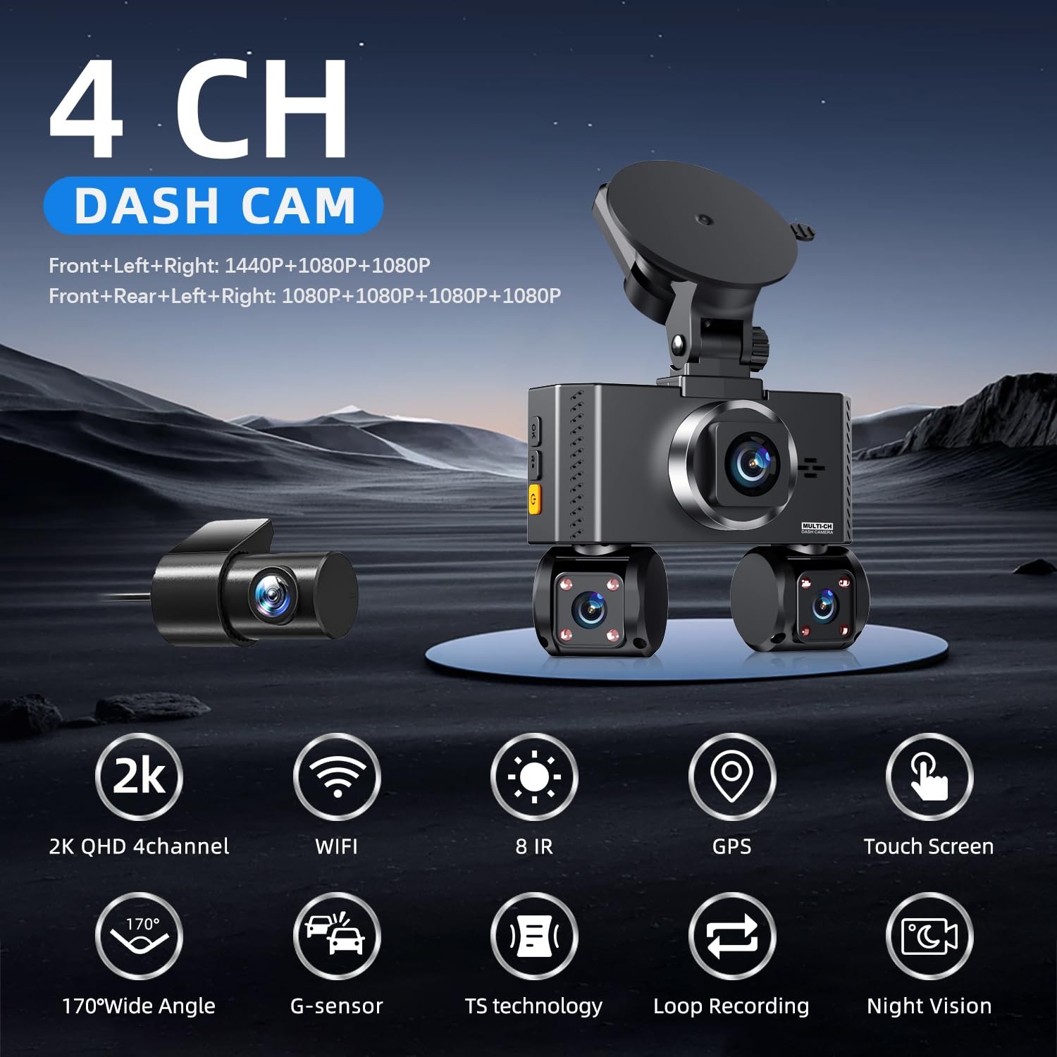 360° View 4 Channel Dash Cam Front and Rear, Dash Camera for Car with 3.16″ I…