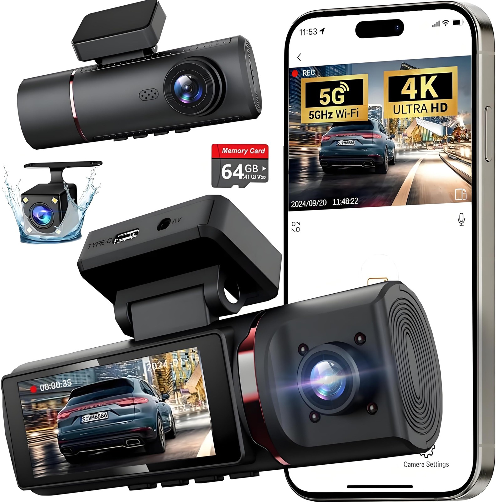 3 Channel 4K Dash Cam Front Rear Inside 5G WiFi 64GB Card