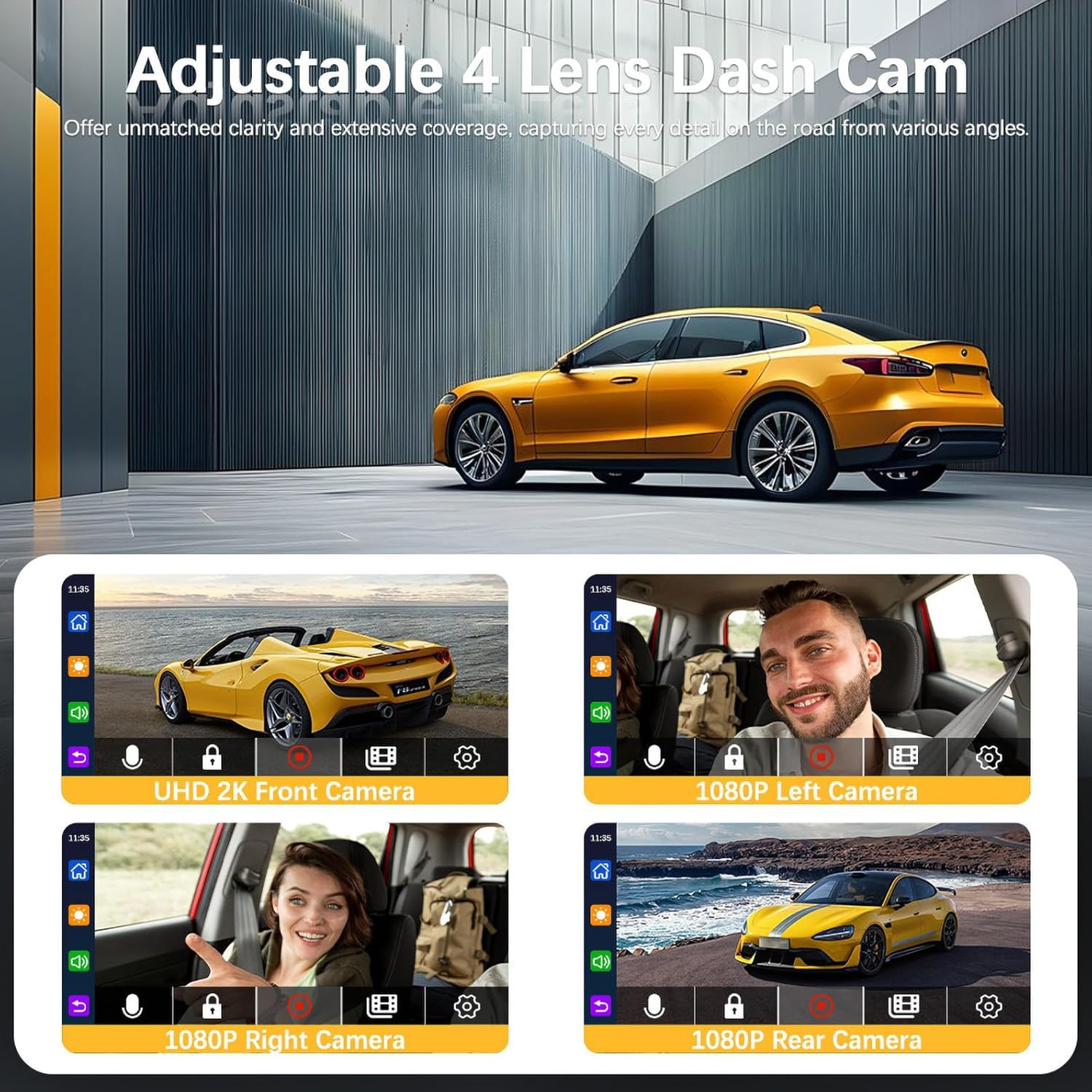 Dash Cam 4 Channel 360°Front Rear Inside Night Vision FHD 1080P Car Camera 32GB