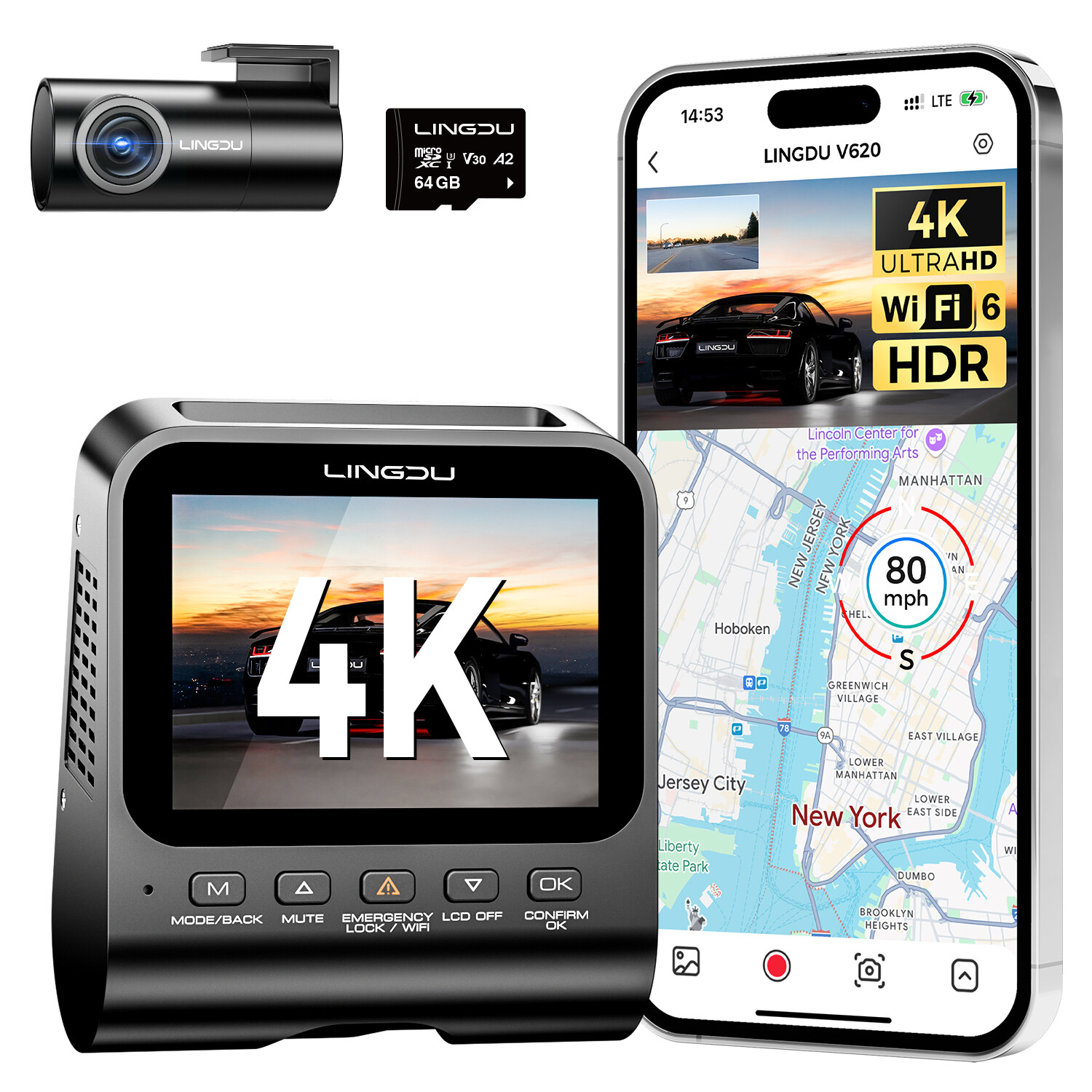 LINGDU 4K+1080P Dashcam WiFi6 GPS ADAS Front and Rear Camera Park Mode Free 64GB