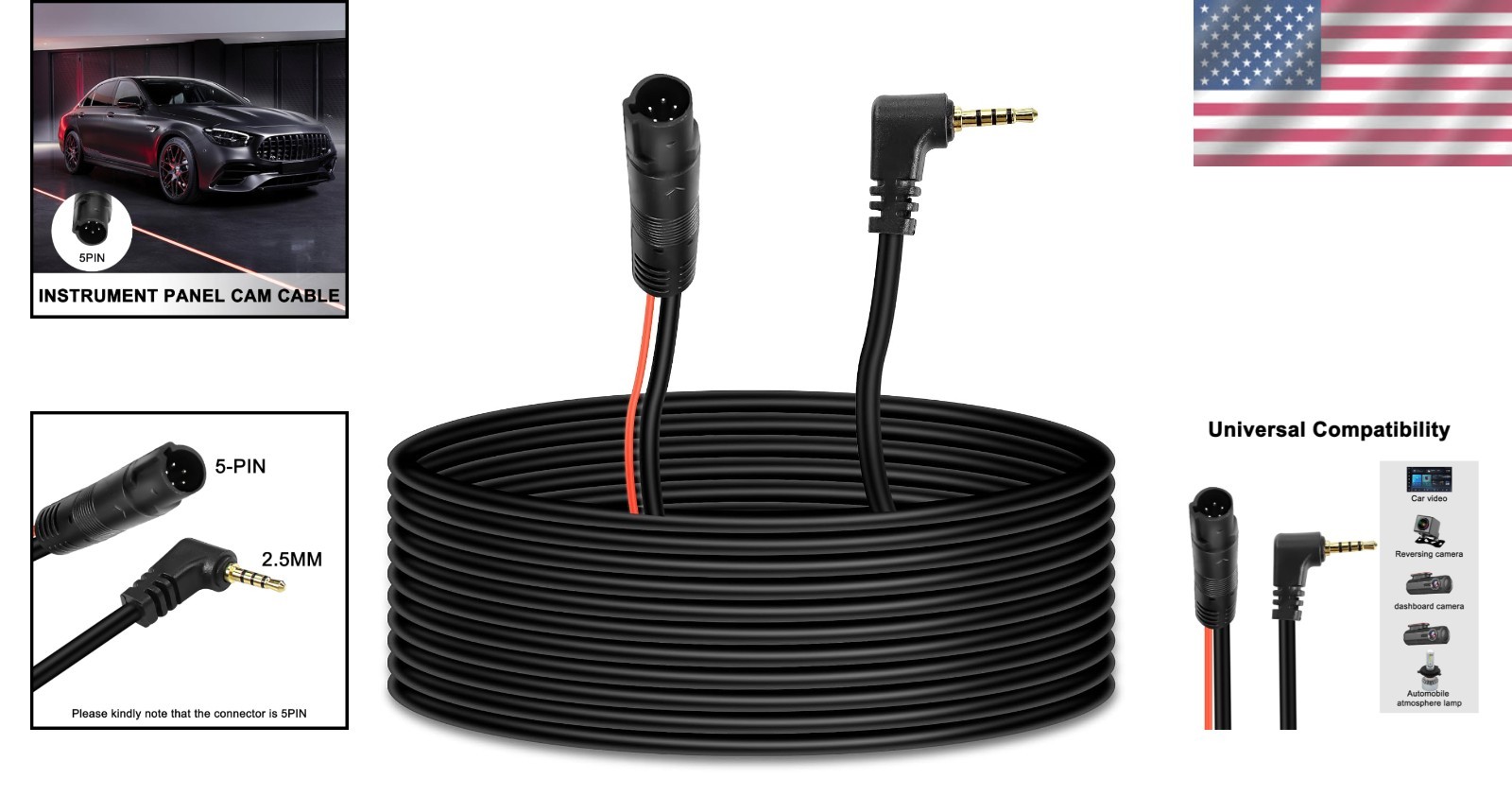 Waterproof 32.8FT 5 Pin Dash Camera Cable – Ideal for Reverse and Ambient Light
