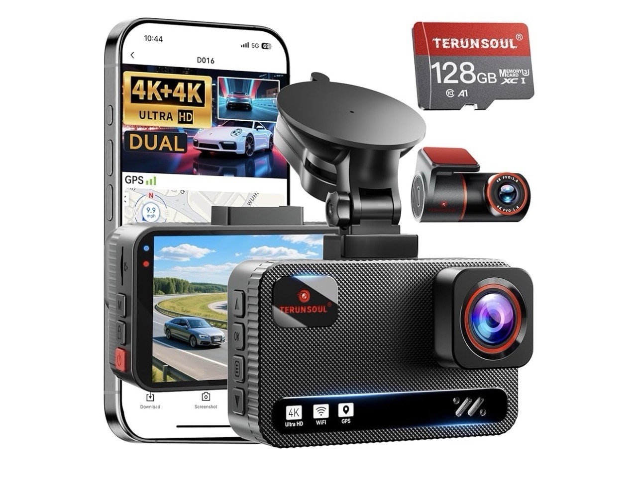 4K+4K Dash Cam Front and Rear, Free 128GB Card, 5.8GHz WiFi Dash Black