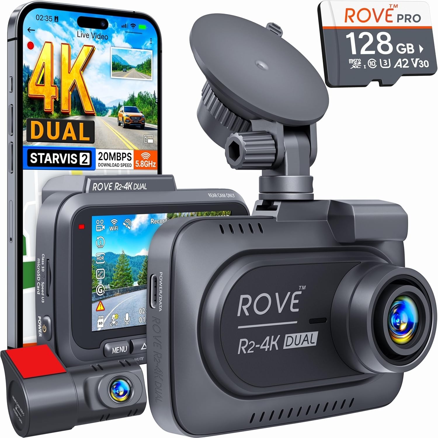 Dash Cam Dual 4K Front Rear Sony STARVIS 2 Sensor GPS 128GB Card Included
