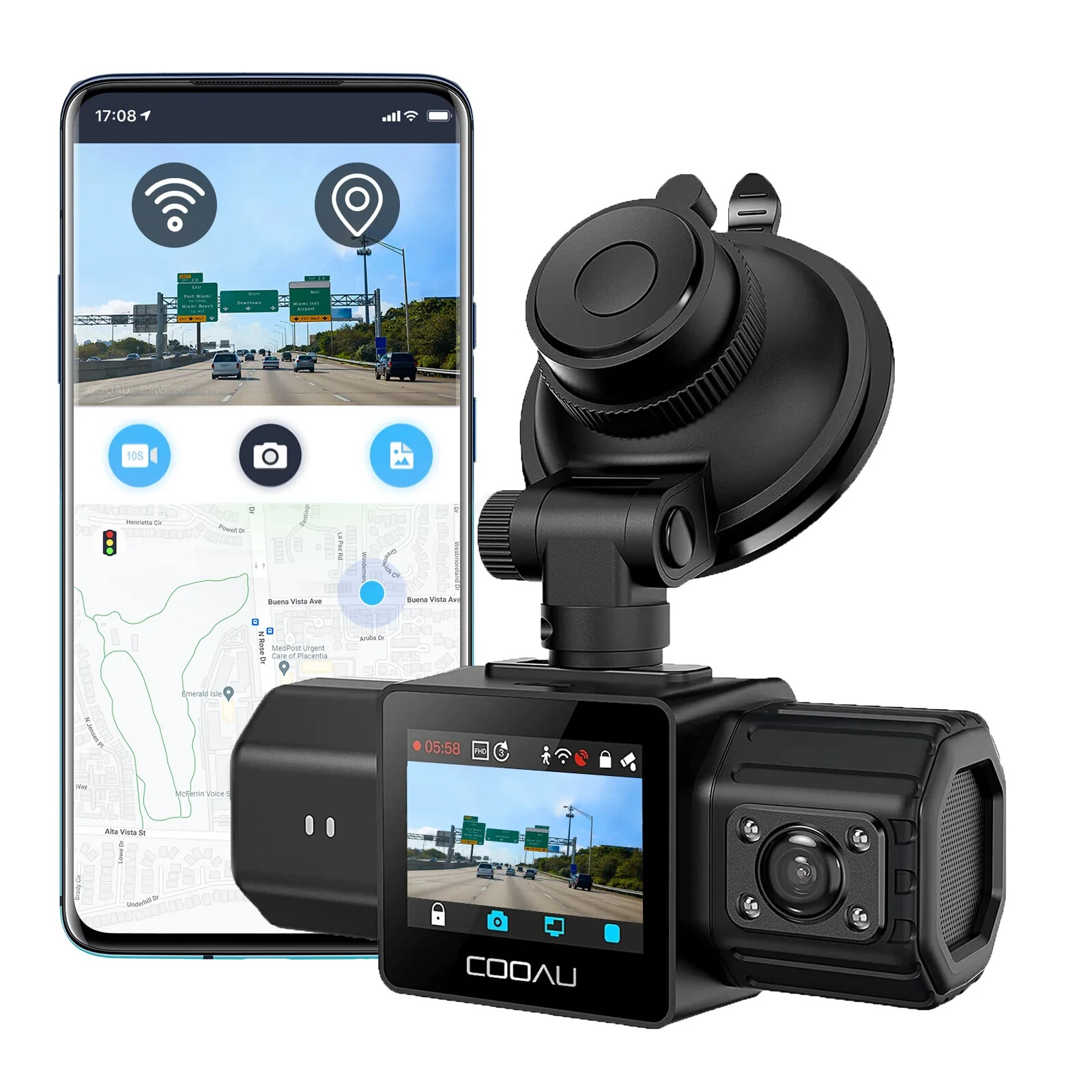 COOAU D20 Dual Dash Cam /2.5K+ 1080P/GPS/WiFi Ideal for UBER, Taxi Drivers