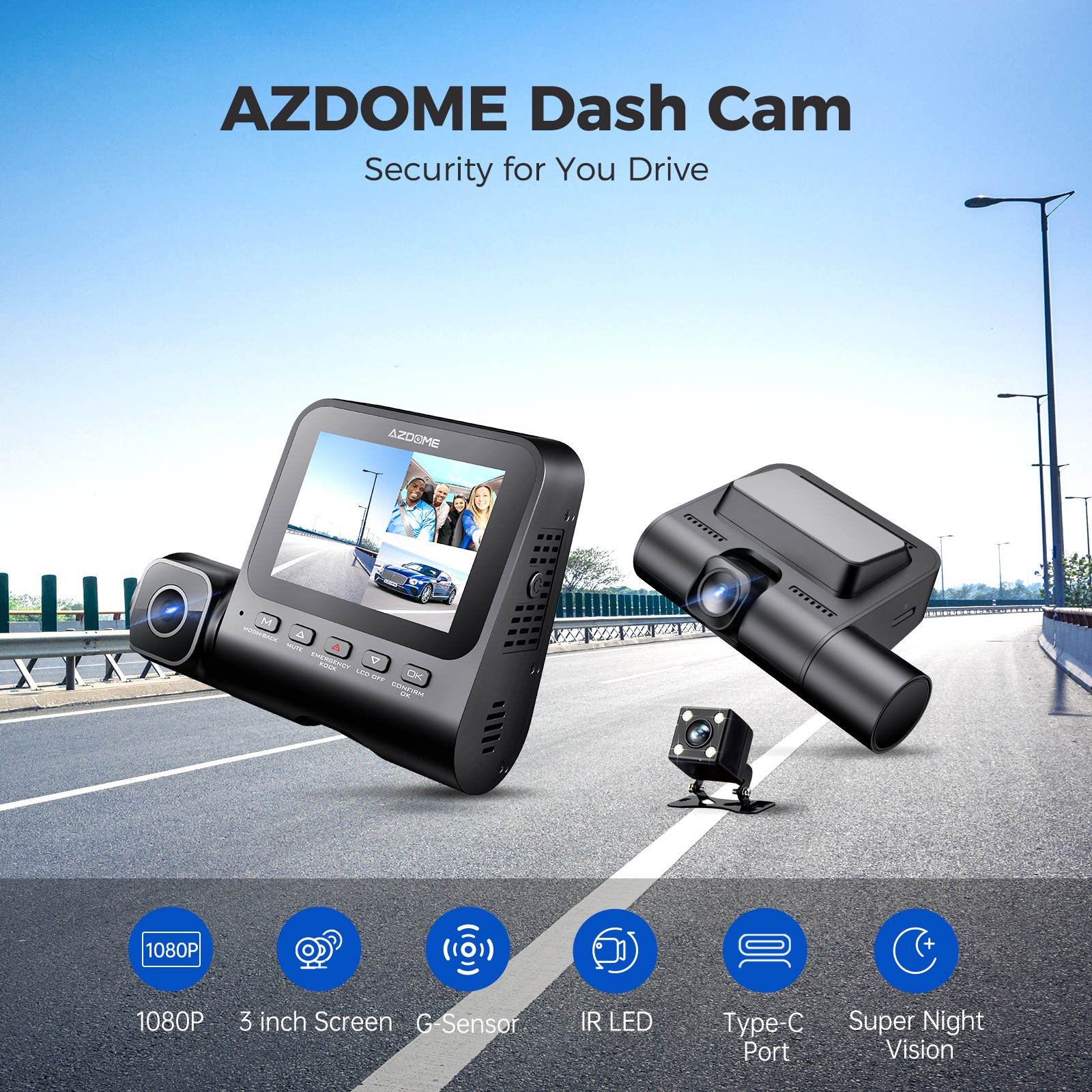 AZDOME 3Lens Car DVR 1K Dash Cam Video Recorder 1080P Front Rear Inside Cameras