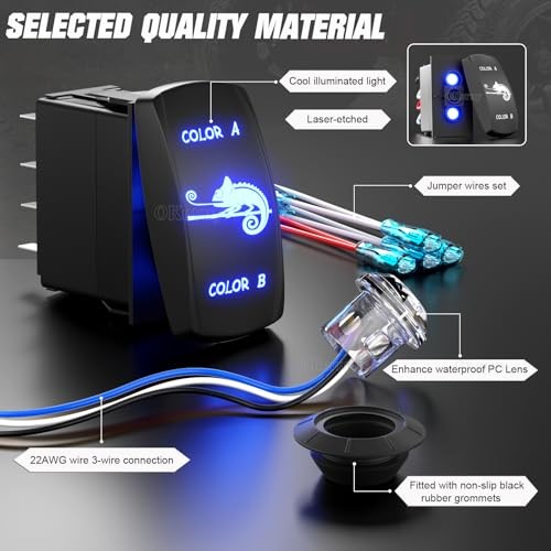 10pcs 3/4 Inch Dual-Color LED Marker Lights with 7-Pin Rocker Clear White-Blue