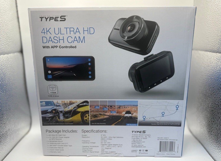 Type S Ultra HD 4K Dash Cam – Recording, Day or Night – iOS/Android App.