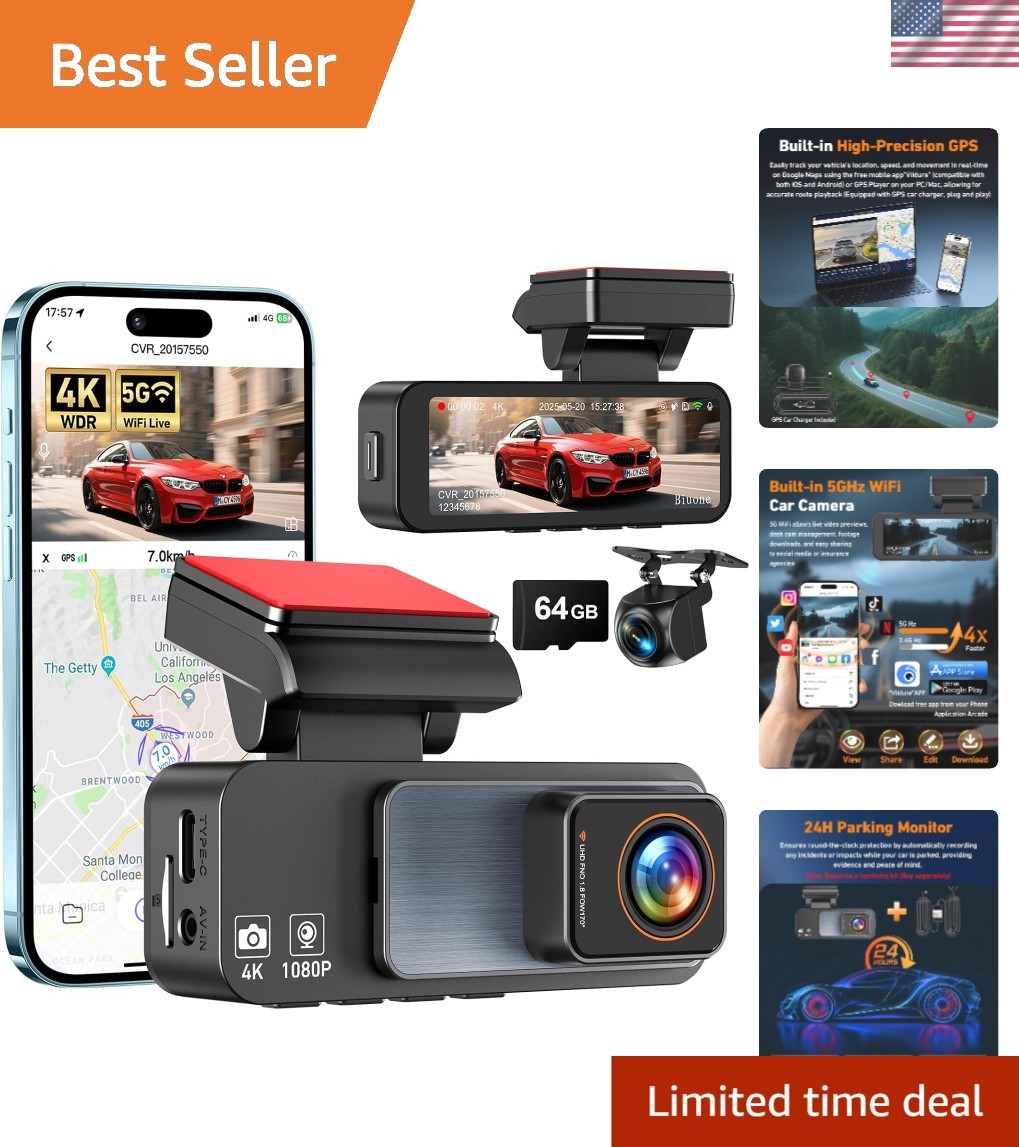 Dual Lens 4K Dash Cam with 5G WiFi & Night Vision – 64GB Card Included