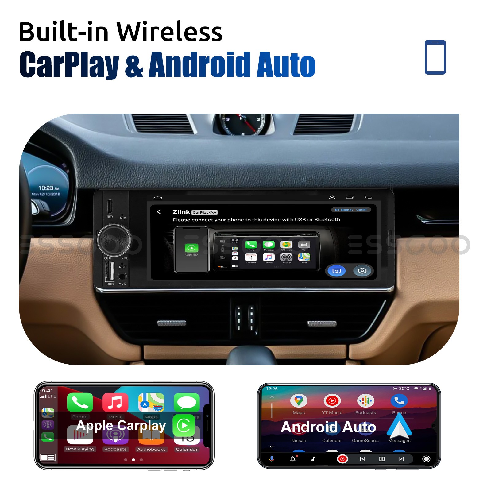 6.36 Inch Single 1 Din Car Stereo Radio Wireless CarPlay Touchscreen BT FM USB-C