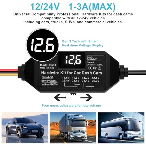 Dash Cam Hardwire Kit USB C, 12V-24V to 5V/3A Adapter Power Cable with Voltage