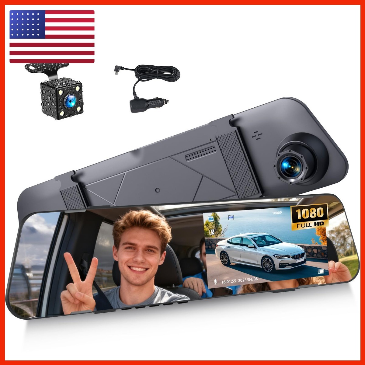 SIXWIN 4.5″ Mirror Dash Cam 1080P Front Rear Dual Lens 150° Angle G-Sensor for